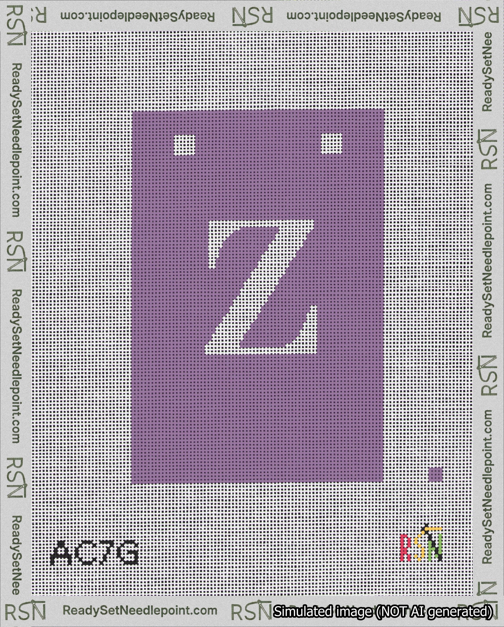 A taped needlepoint canvas with the design: Banner 18 mesh count Squared Z White on Purple.