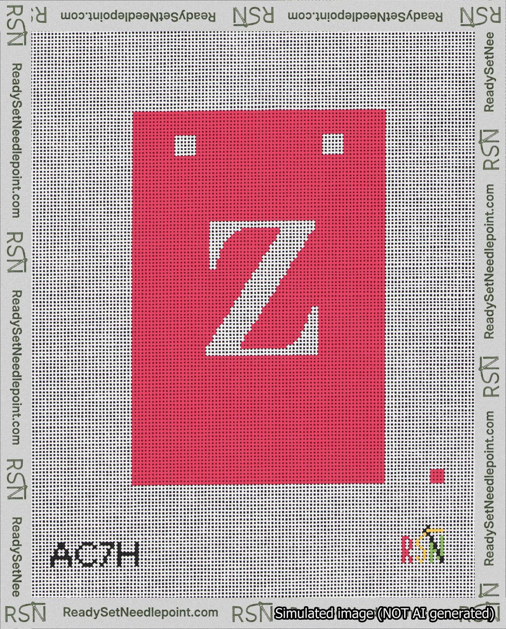 A taped needlepoint canvas with the design: Banner 18 mesh count Squared Z White on Red.