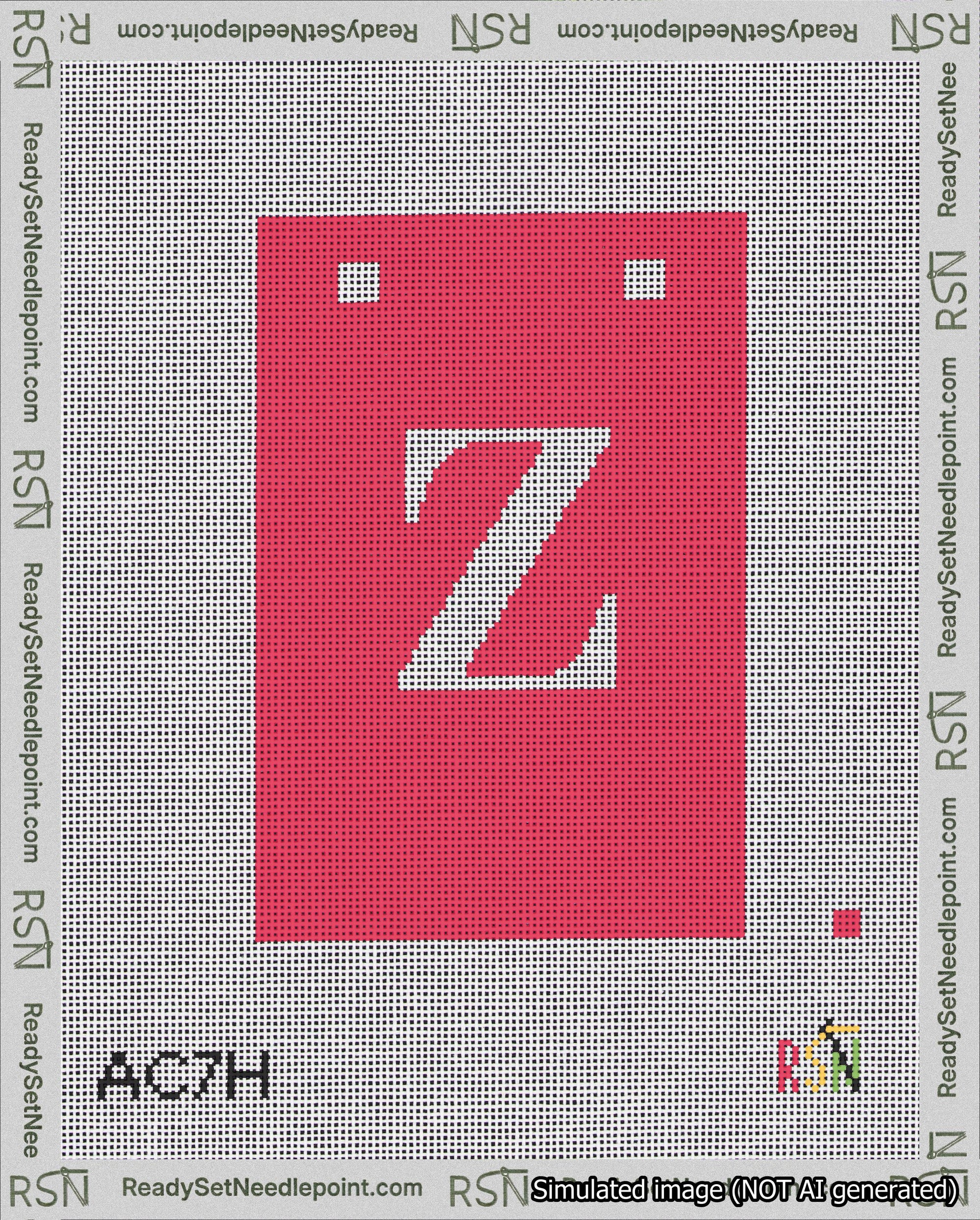 A taped needlepoint canvas with the design: Banner 18 mesh count Squared Z White on Red.