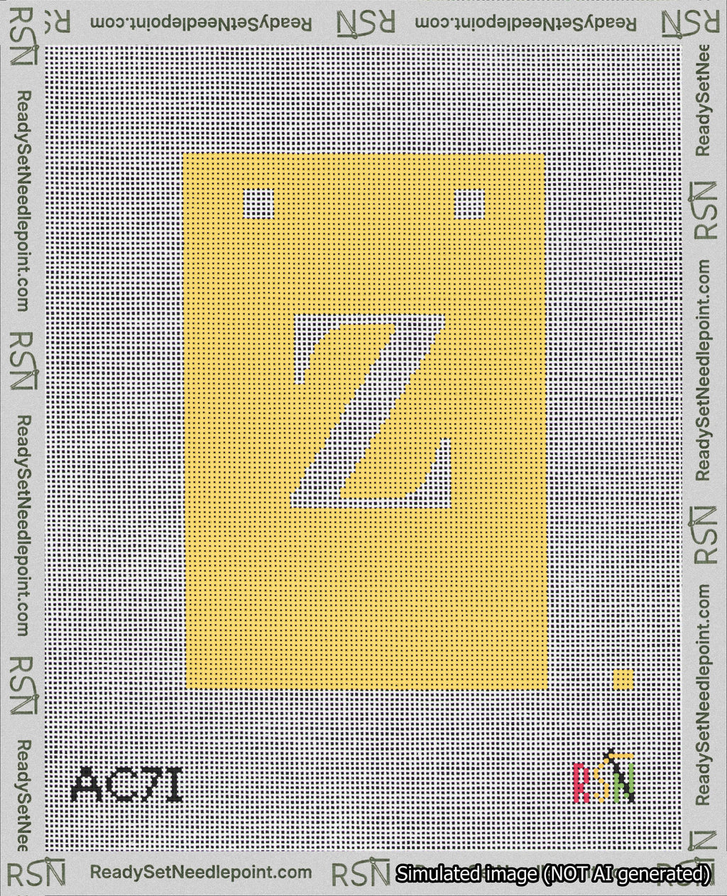 A taped needlepoint canvas with the design: Banner 18 mesh count Squared Z White on Yellow.