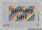 A taped needlepoint canvas with the design: Birthday Girl Bag Insert Black on Rainbow.