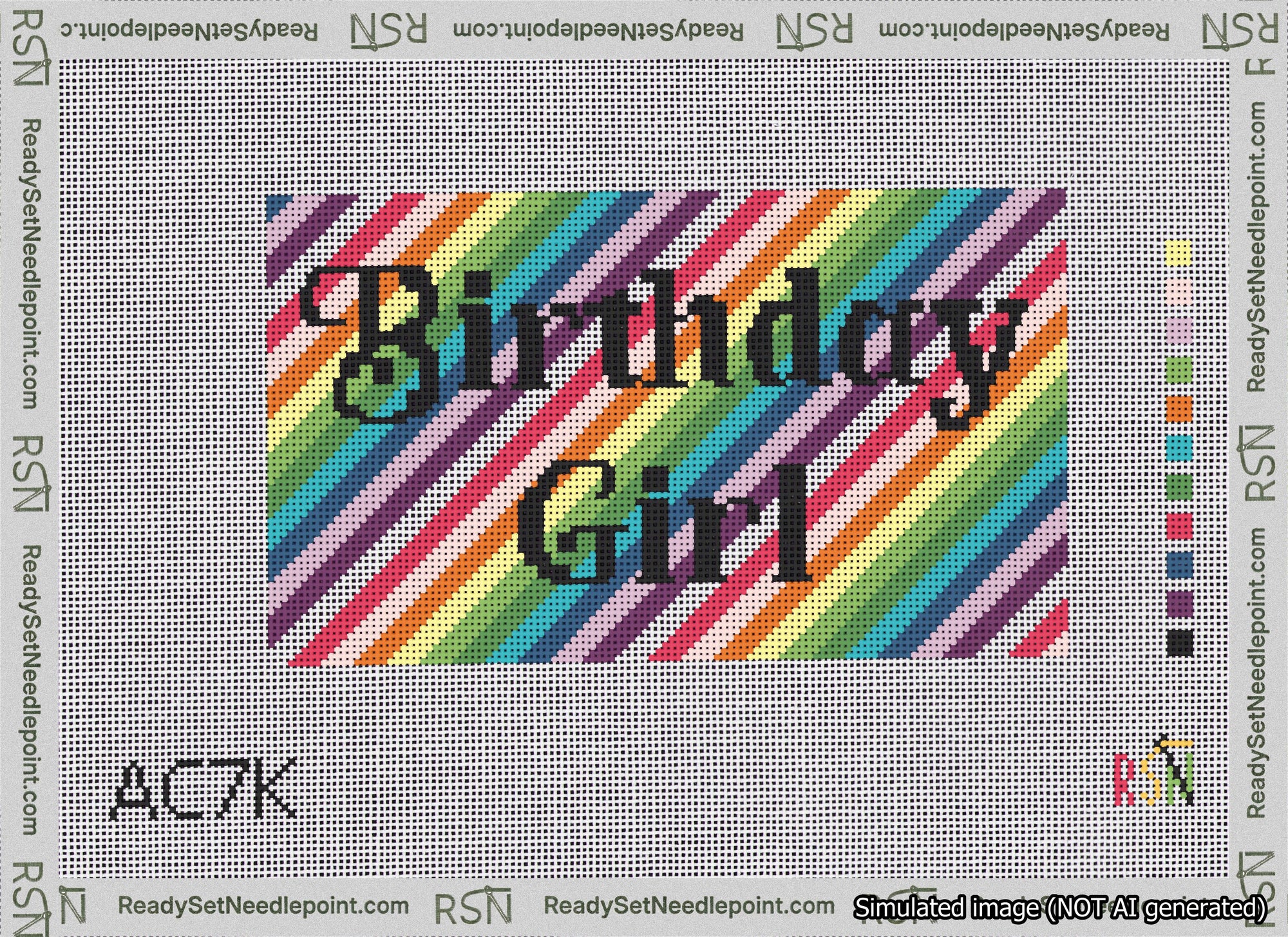 A taped needlepoint canvas with the design: Birthday Girl Bag Insert Black on Rainbow.