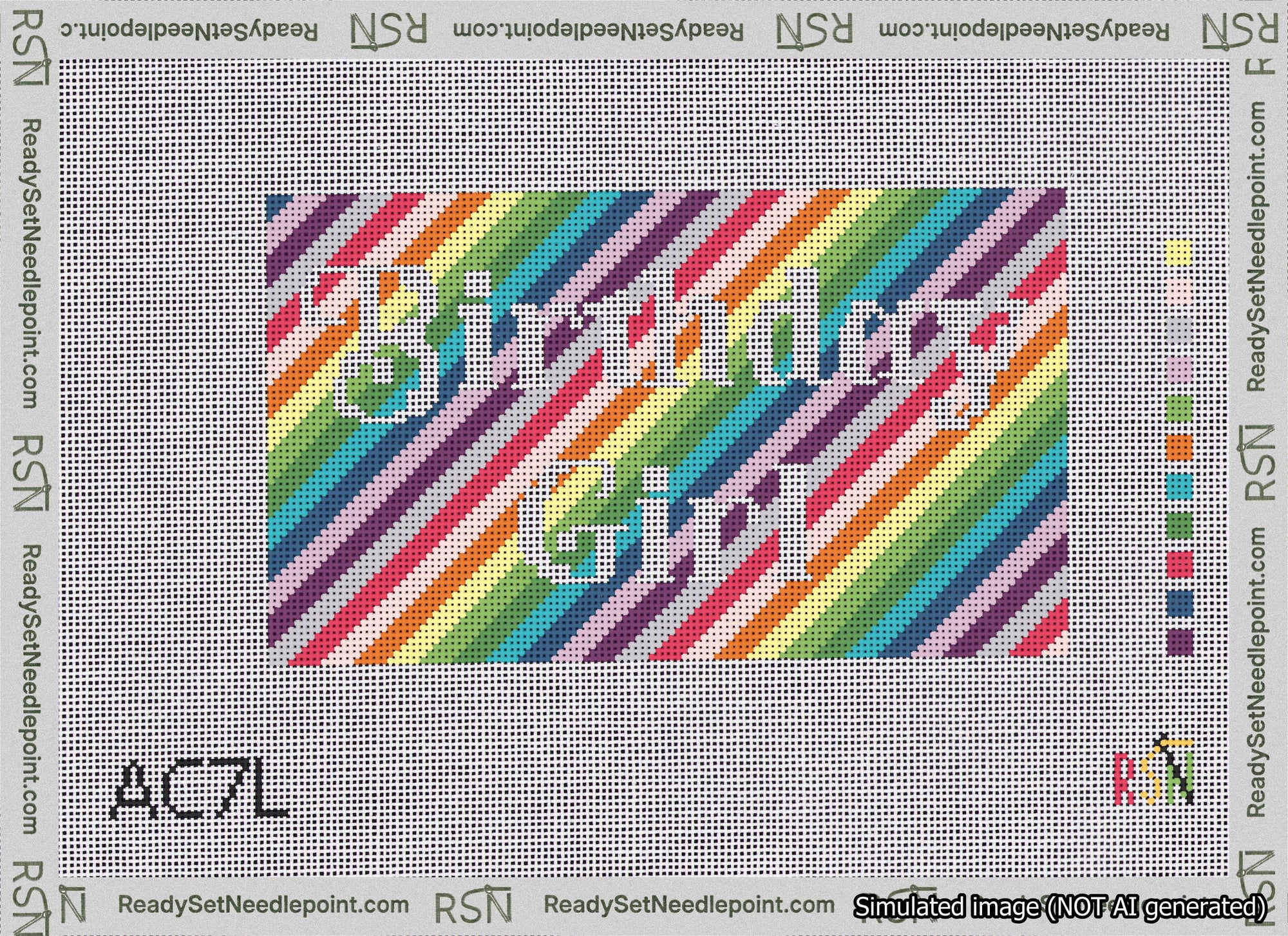 A taped needlepoint canvas with the design: Birthday Girl Bag Insert White on Rainbow.