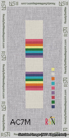 A taped needlepoint canvas with the design: Blanket Stripe Rainbow Cuff.