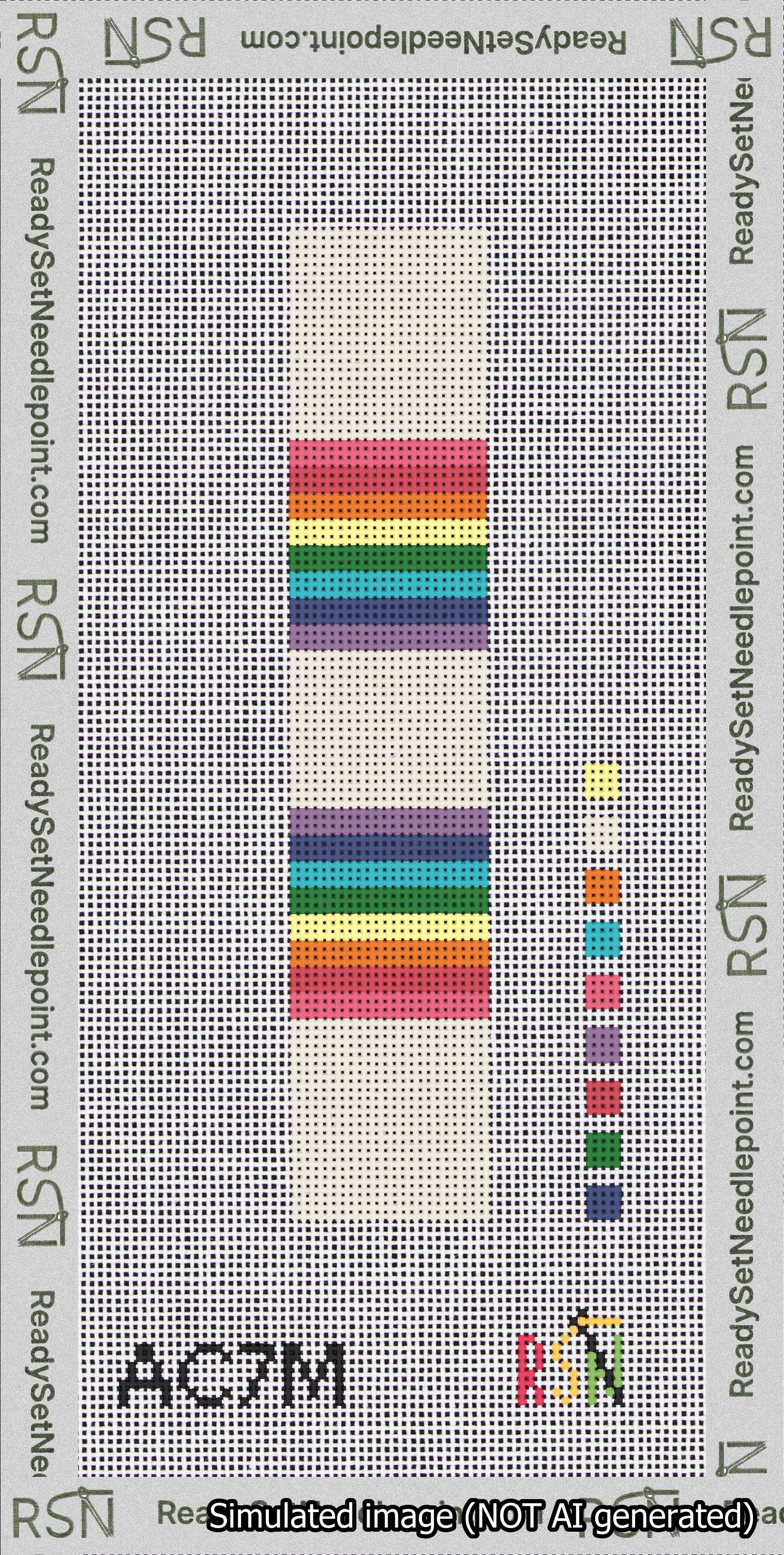 A taped needlepoint canvas with the design: Blanket Stripe Rainbow Cuff.