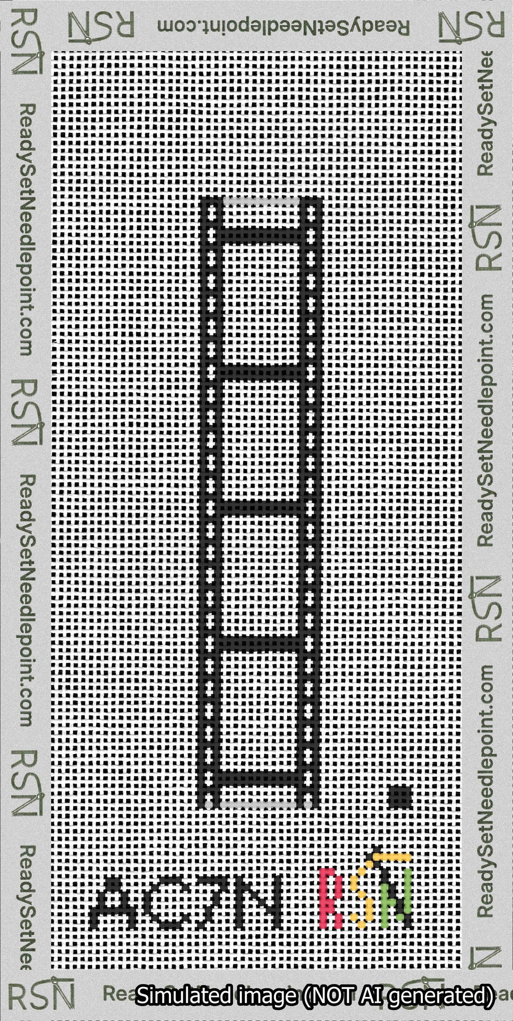 A taped needlepoint canvas with the design: Filmstrip Cuff.