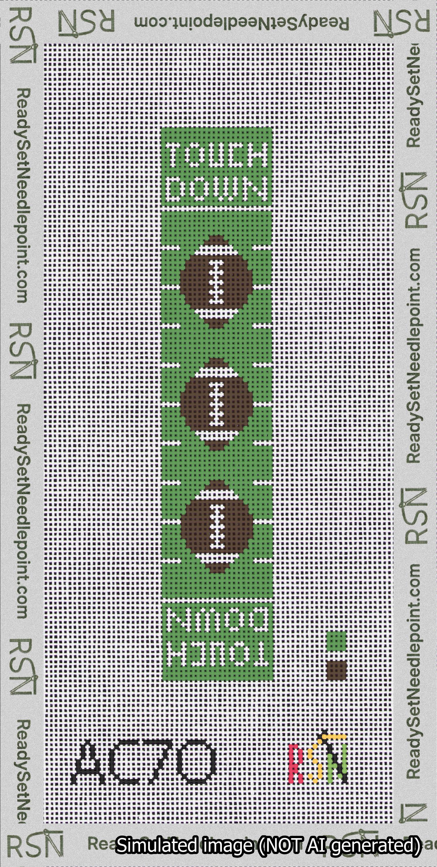 A taped needlepoint canvas with the design: Football Cuff.