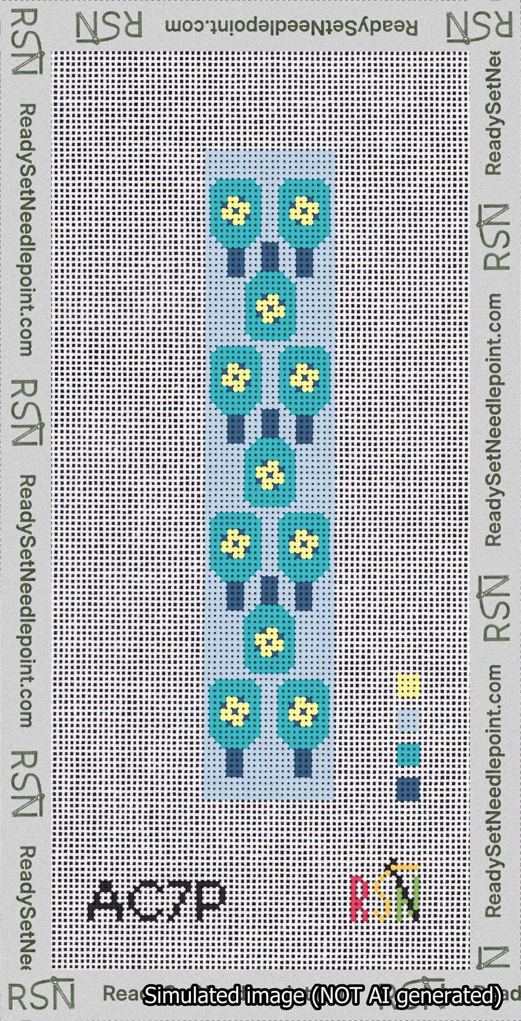 A taped needlepoint canvas with the design: Pickleball Blue on Blue Cuff.