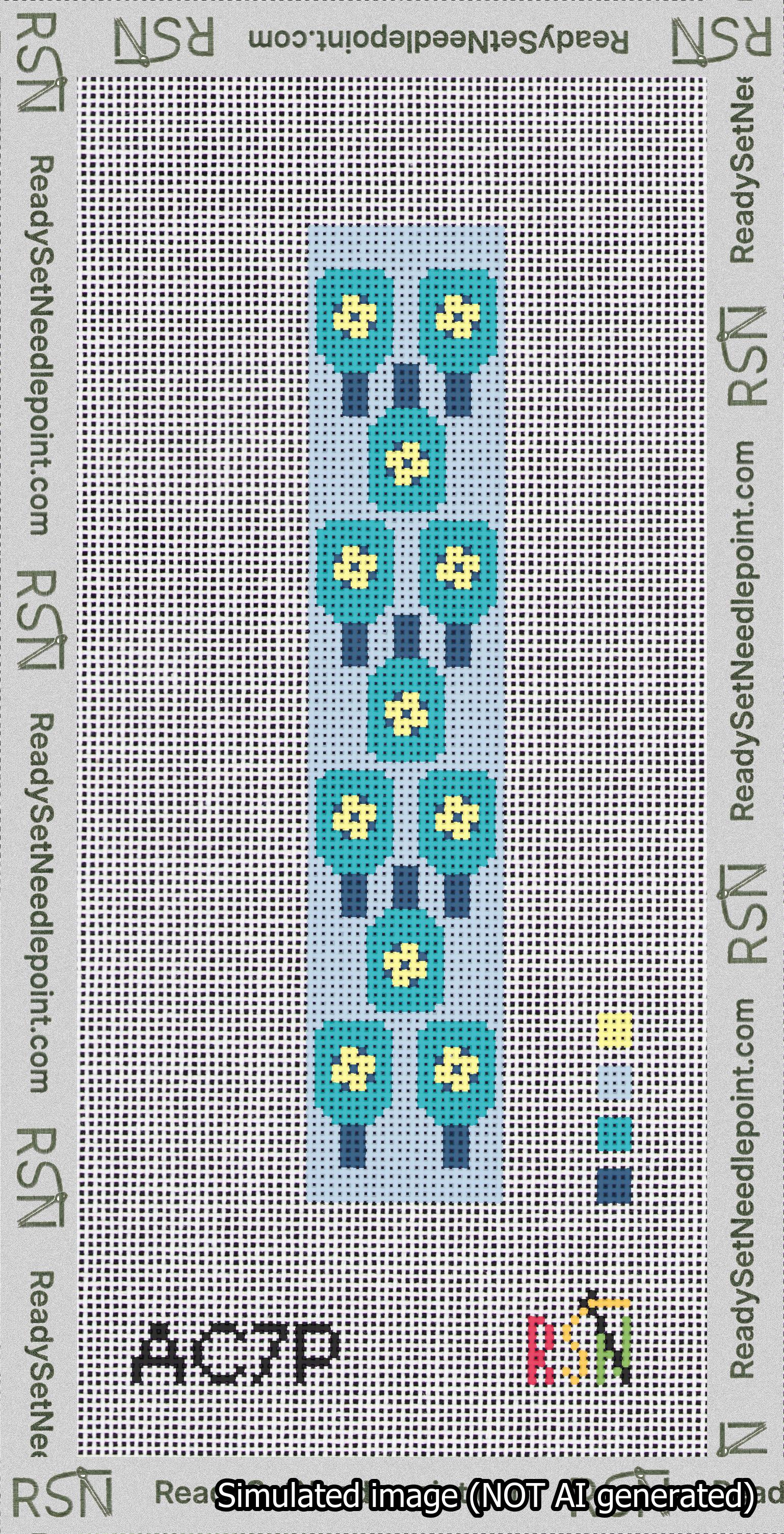 A taped needlepoint canvas with the design: Pickleball Blue on Blue Cuff.