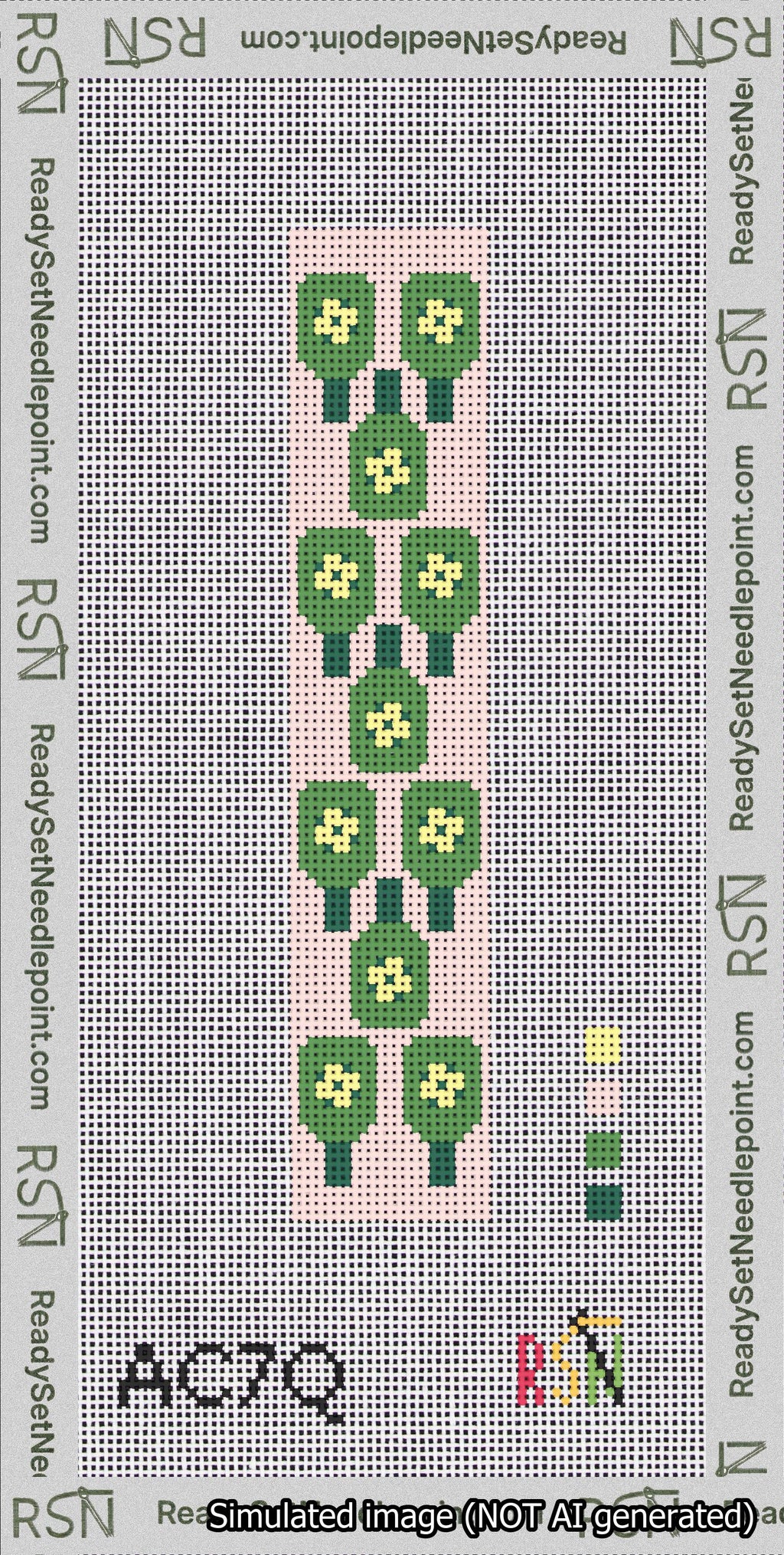 A taped needlepoint canvas with the design: Pickleball Green on Pink Cuff.