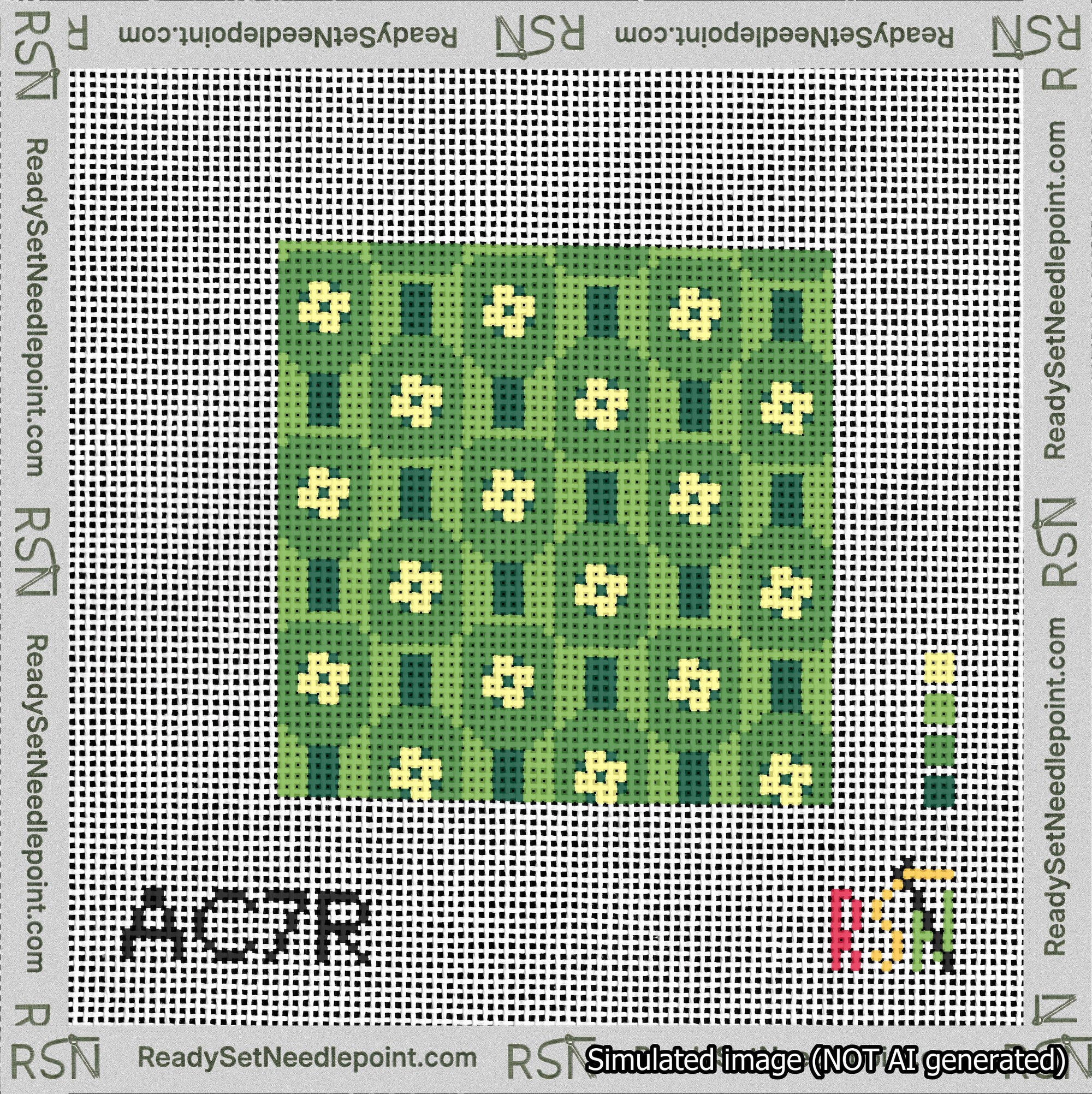 A taped needlepoint canvas with the design: Pickleball Paddles Green.