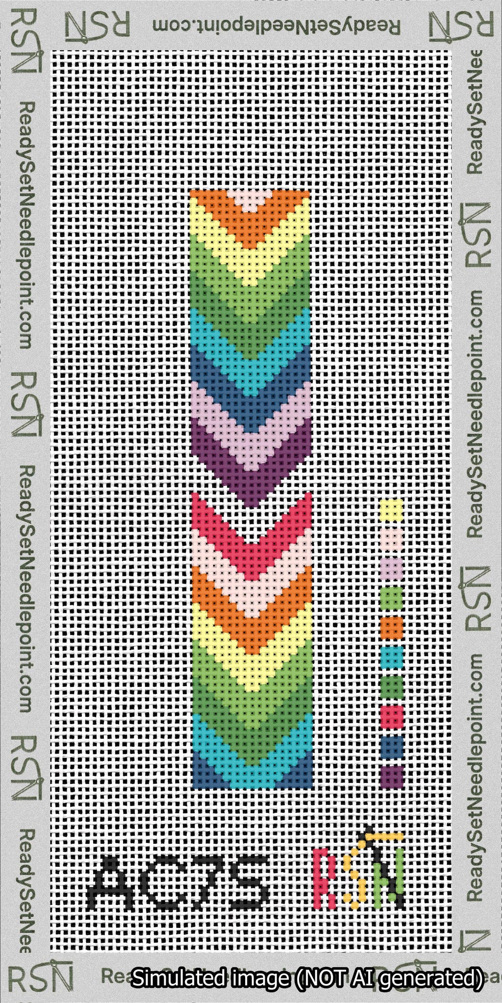 A taped needlepoint canvas with the design: Rainbow Chevrons Cuff.