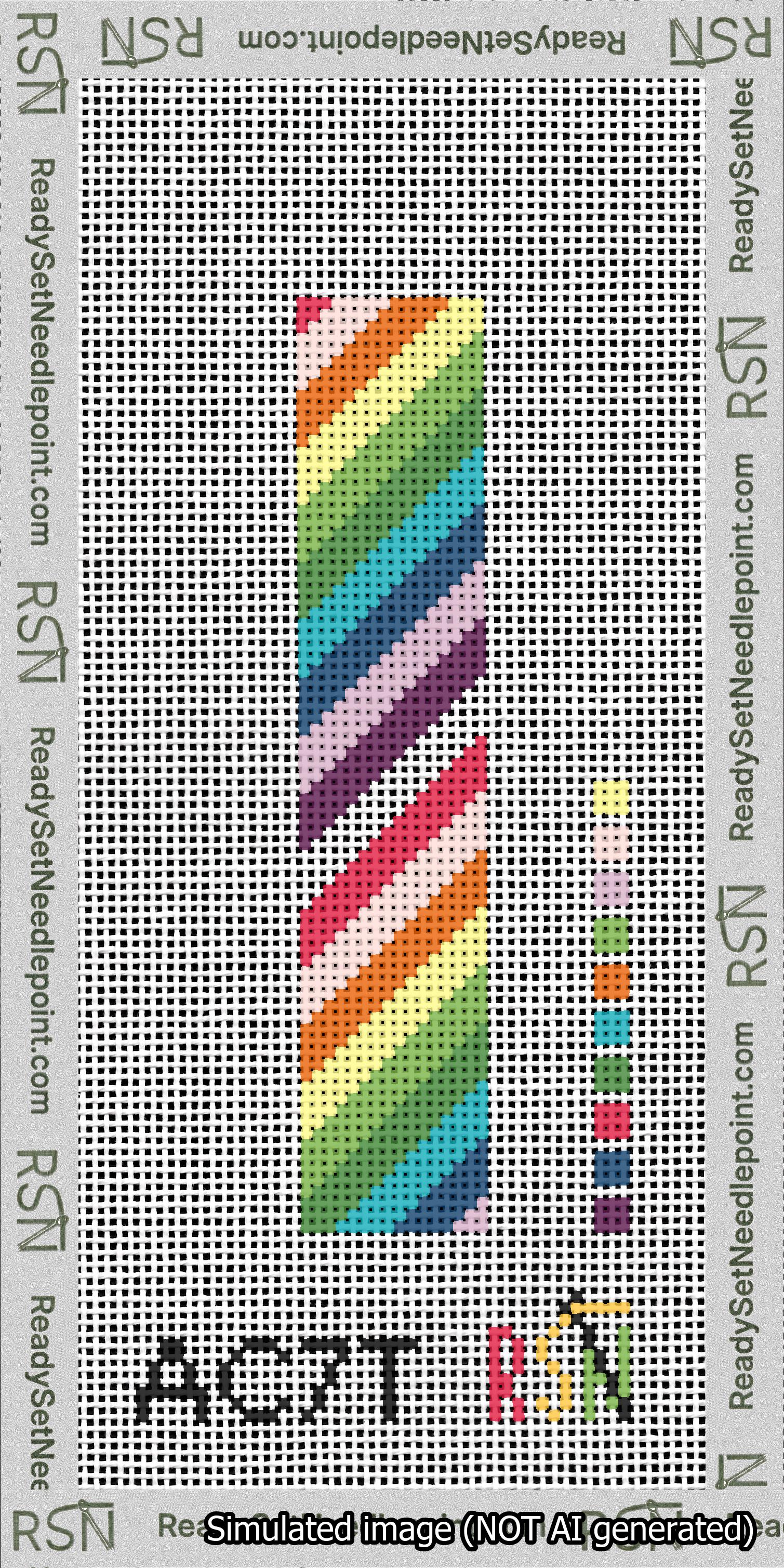 A taped needlepoint canvas with the design: Rainbow Diagonal Stripe Cuff.