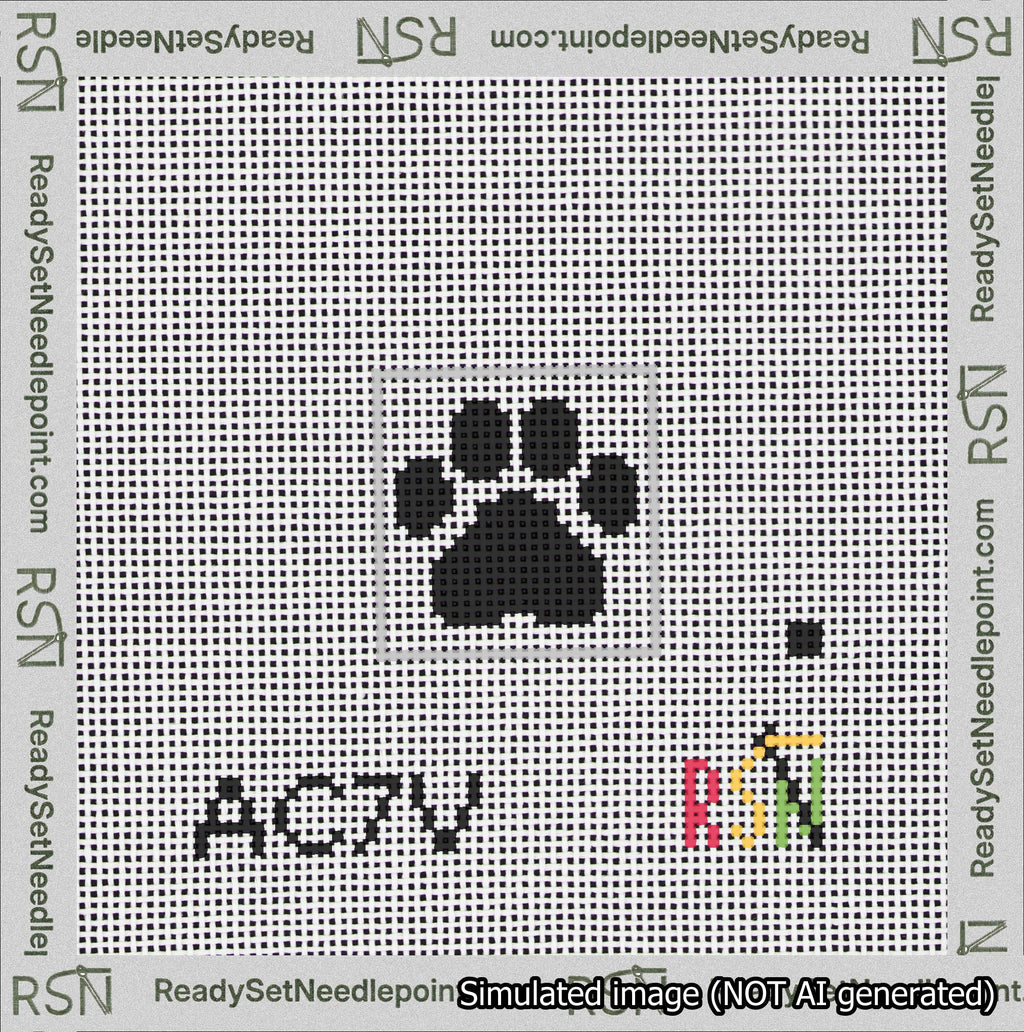 A taped needlepoint canvas with the design: Square Cat Paw Print Black On White.
