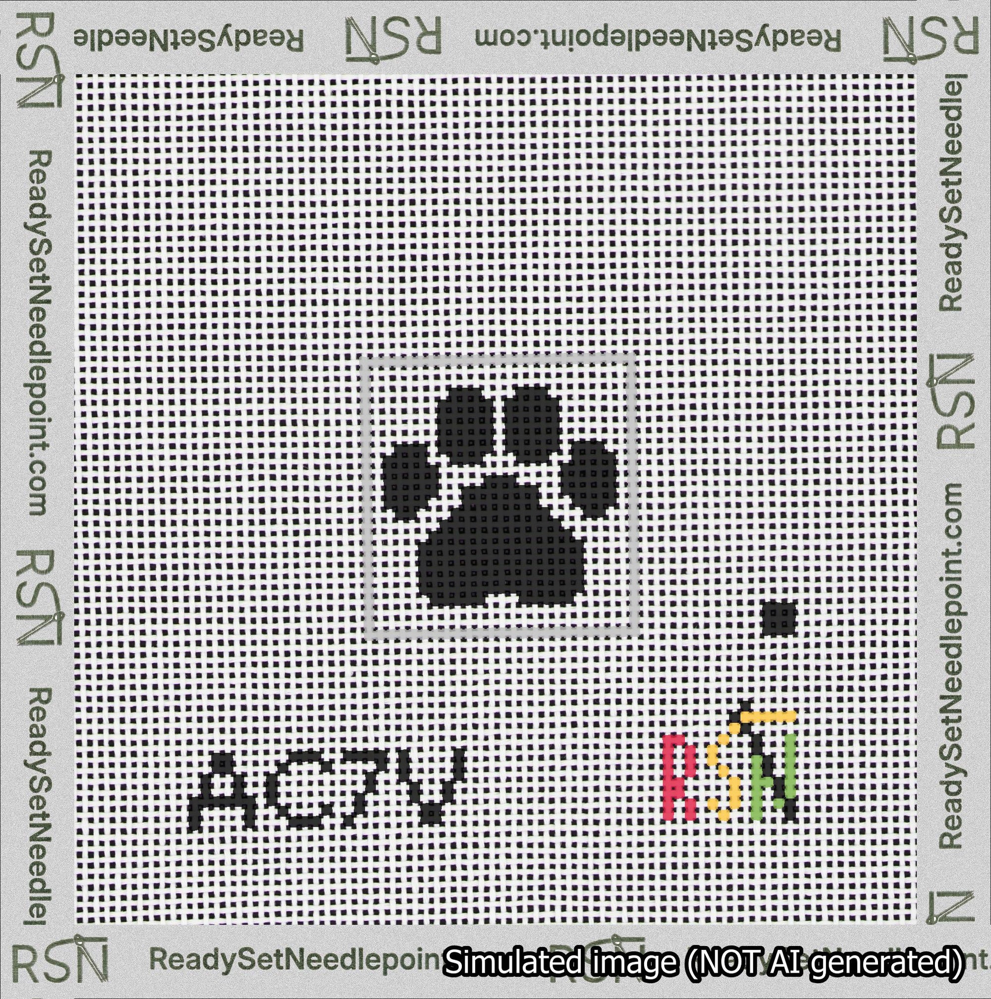 A taped needlepoint canvas with the design: Square Cat Paw Print Black On White.