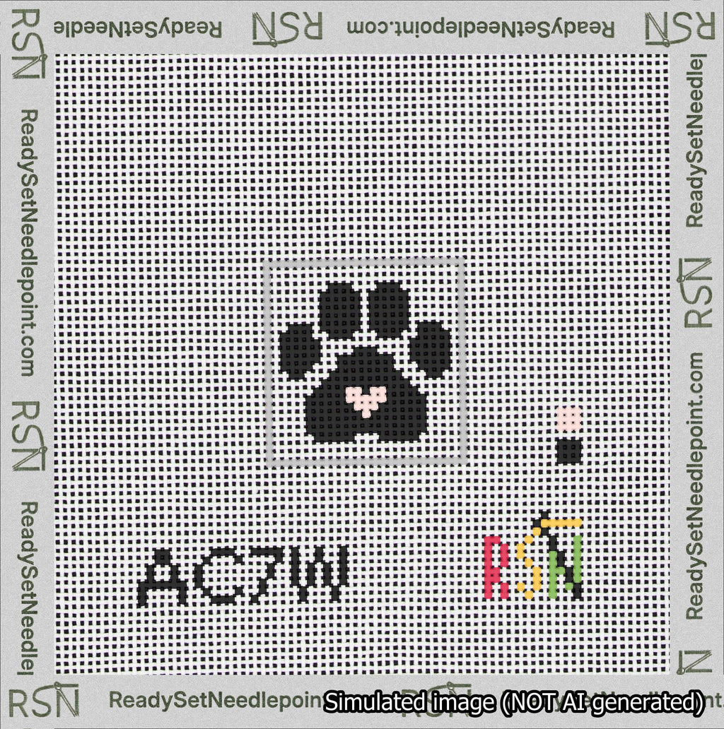 A taped needlepoint canvas with the design: Square Cat Paw Print Black On White with Pink Heart.