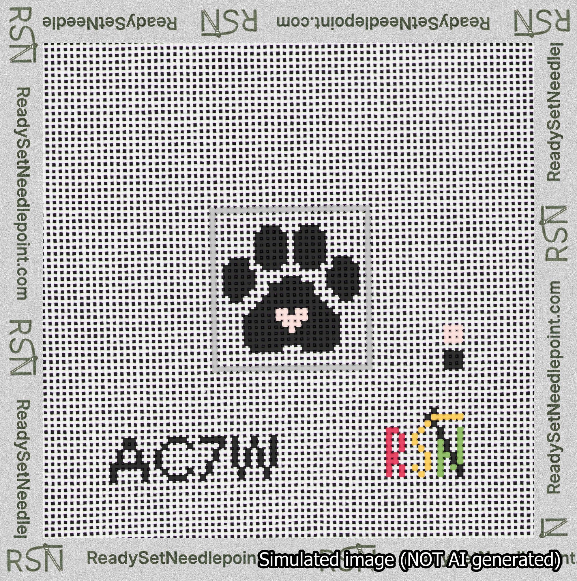 A taped needlepoint canvas with the design: Square Cat Paw Print Black On White with Pink Heart.
