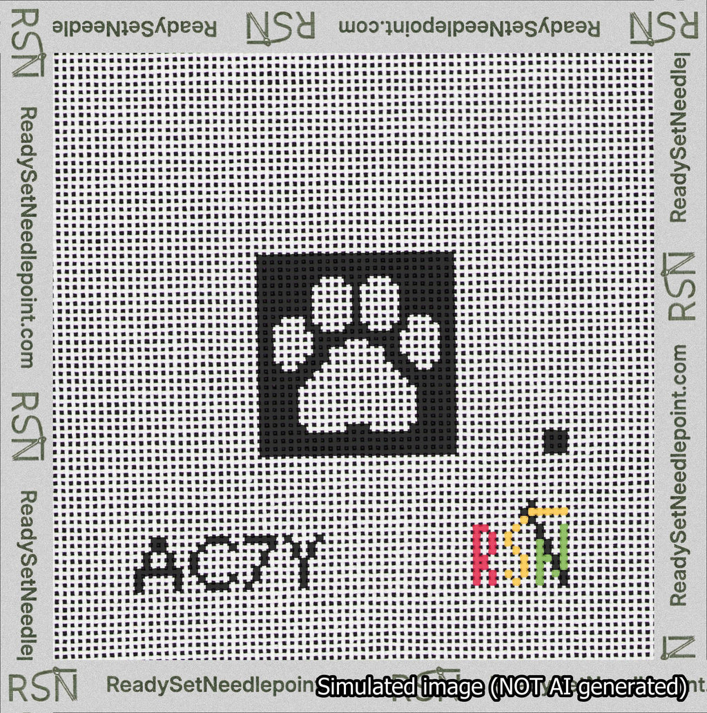 A taped needlepoint canvas with the design: Square Cat Paw Print White On Black.