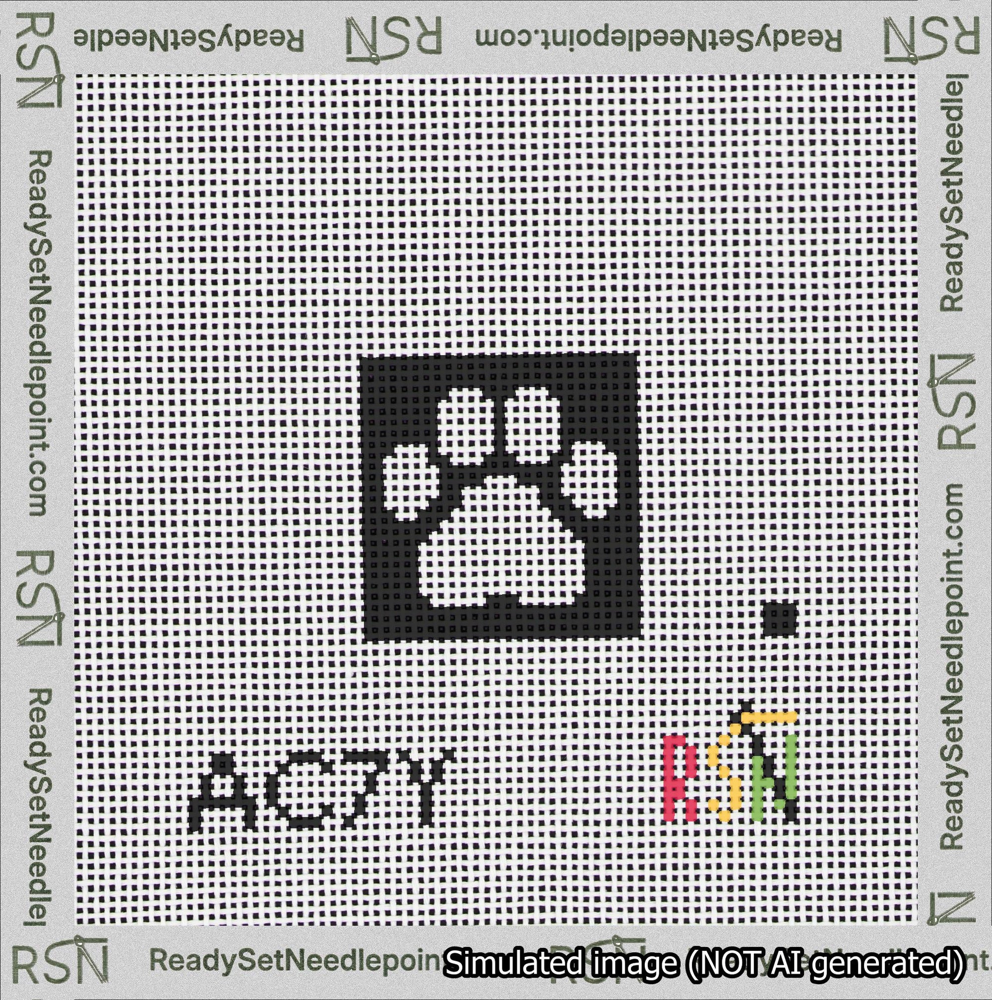 A taped needlepoint canvas with the design: Square Cat Paw Print White On Black.