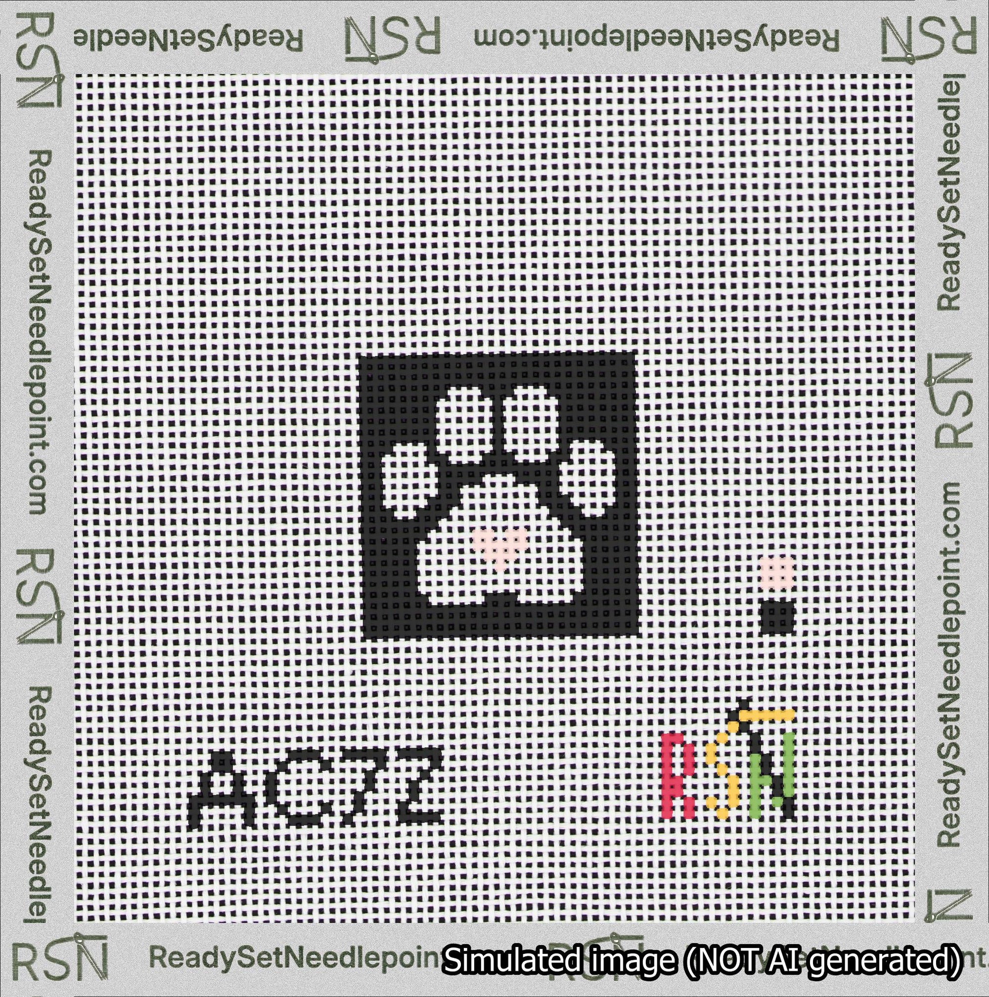 A taped needlepoint canvas with the design: Square Cat Paw Print White On Black with Pink Heart.