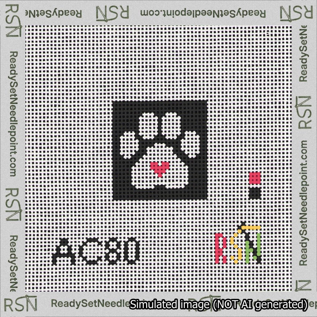A taped needlepoint canvas with the design: Square Cat Paw Print White On Black with Red Heart.
