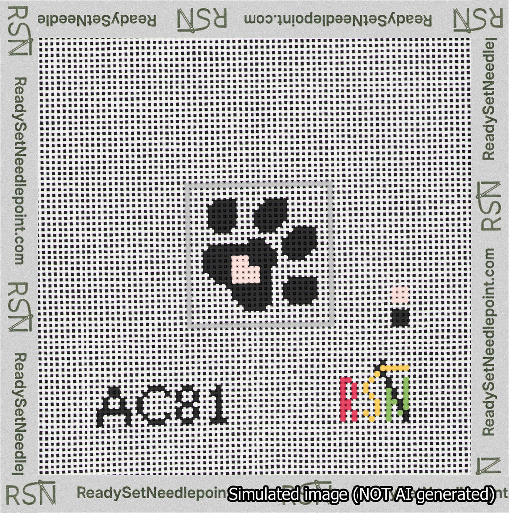 A taped needlepoint canvas with the design: Square Dog Paw Print Black on White with Pink Heart.