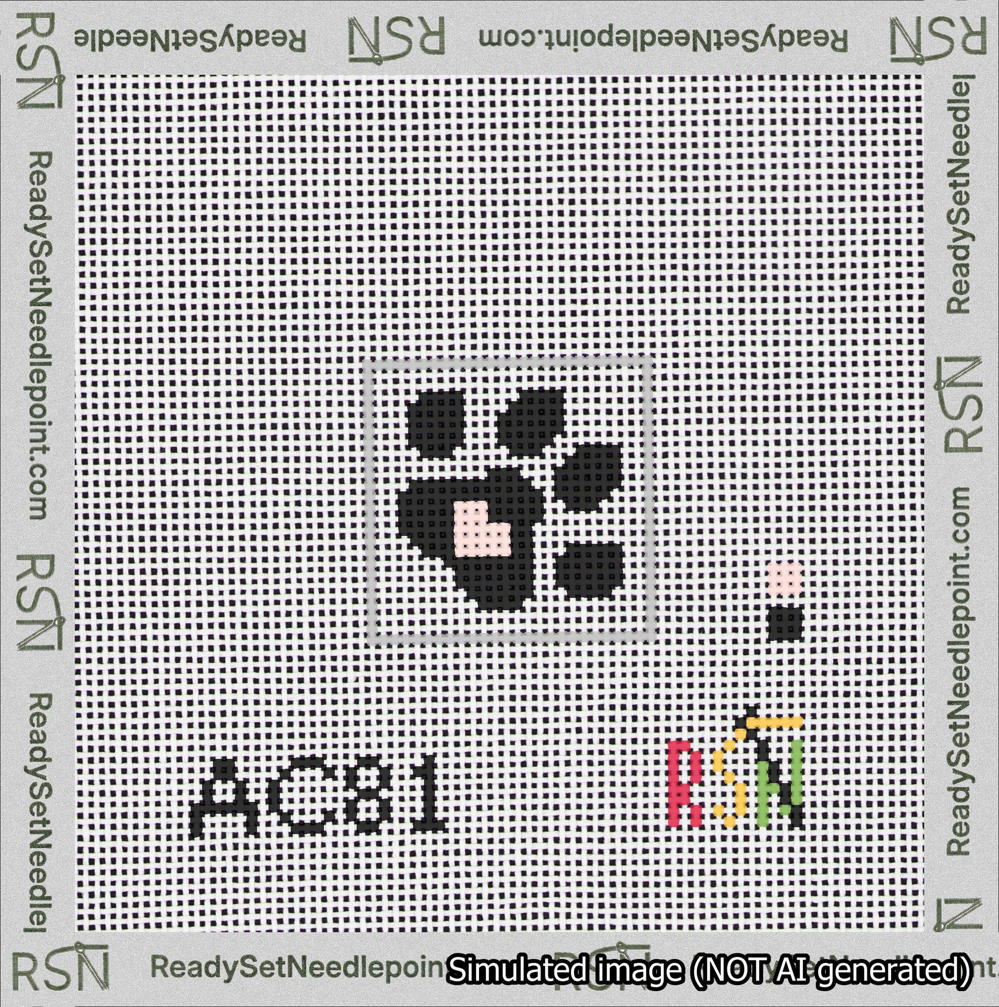 A taped needlepoint canvas with the design: Square Dog Paw Print Black on White with Pink Heart.