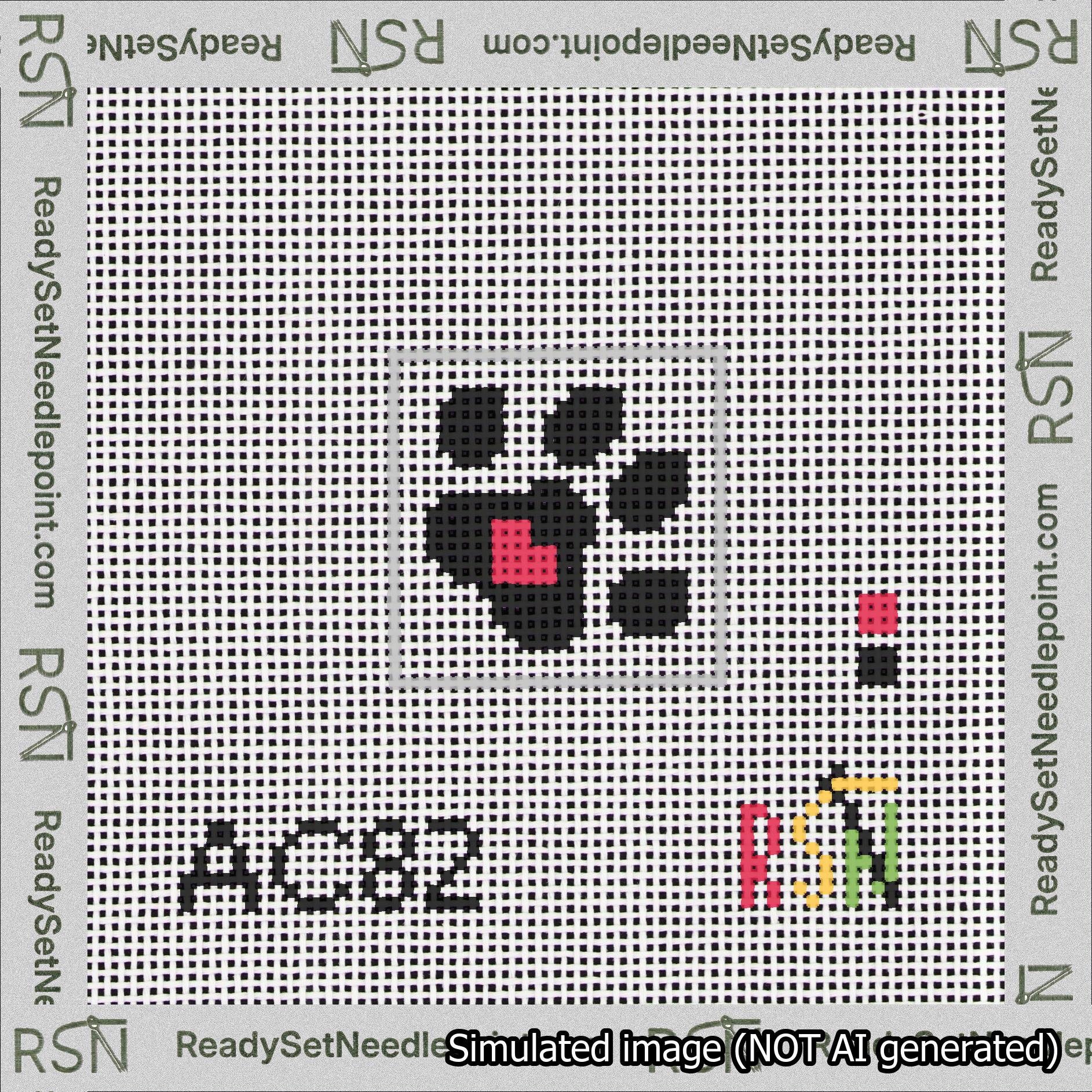 A taped needlepoint canvas with the design: Square Dog Paw Print Black on White with Red Heart.