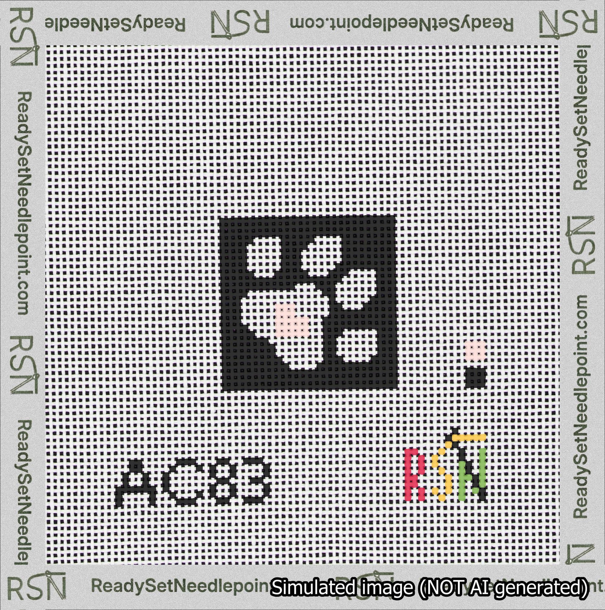 A taped needlepoint canvas with the design: Square Dog Paw Print White on Black with Pink Heart.