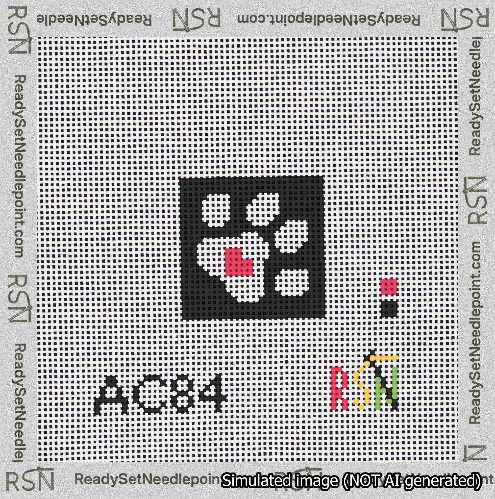 A taped needlepoint canvas with the design: Square Dog Paw Print White on Black with Red Heart.