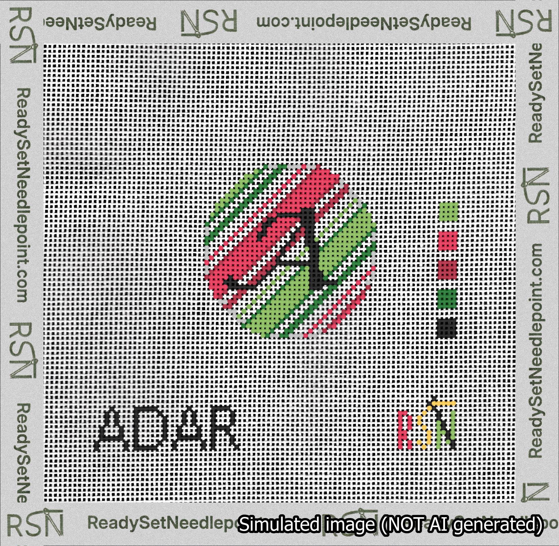 A taped needlepoint canvas with the design: Holiday Circle Initial A Font Black Script Background Christmas Stripe.
