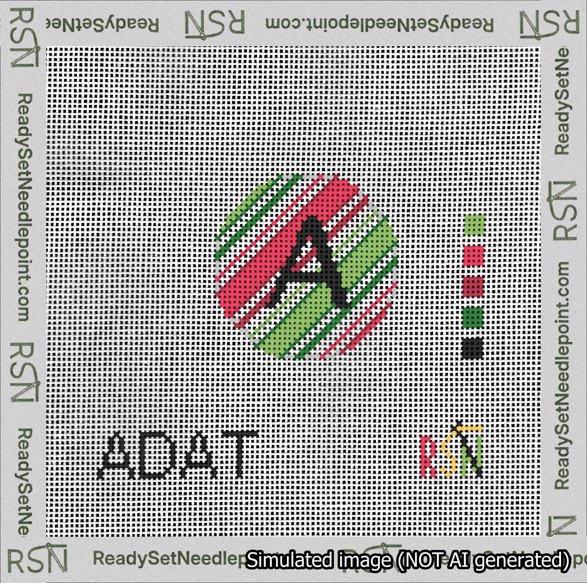 A taped needlepoint canvas with the design: Holiday Circle Initial A Font Black Sans Serif Background Christmas Stripe.