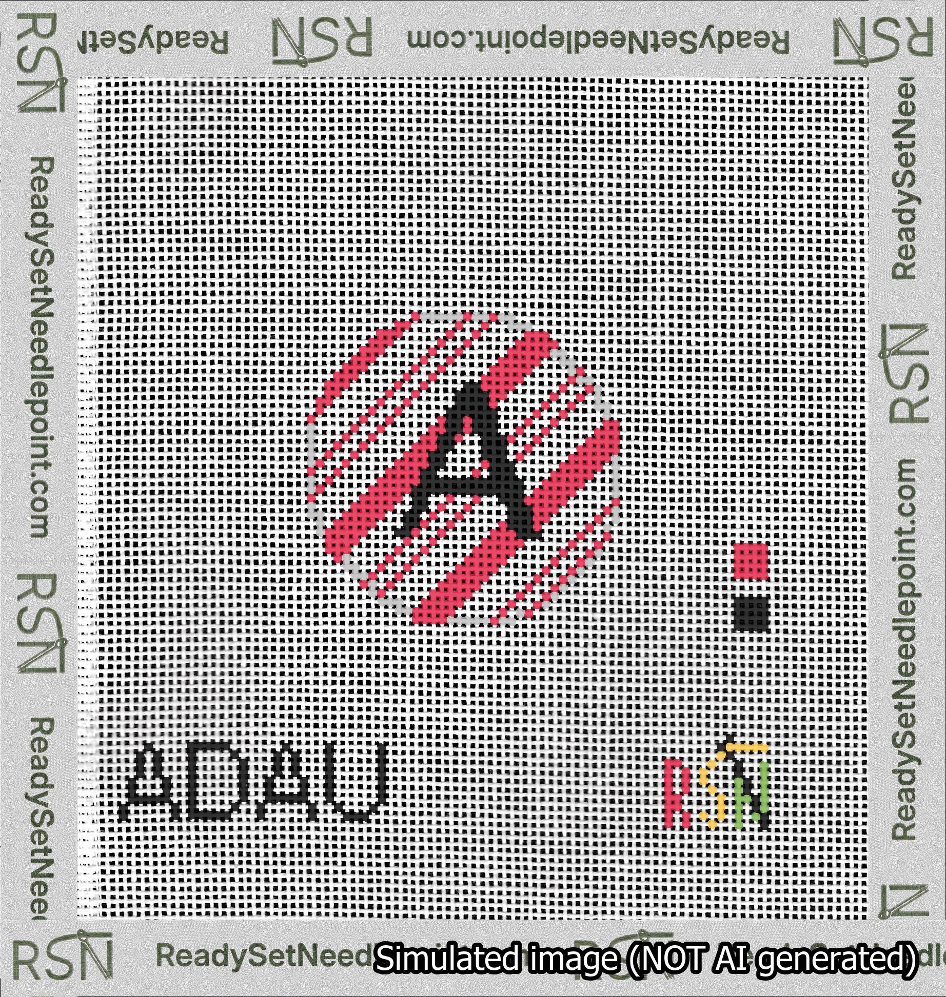 A taped needlepoint canvas with the design: Holiday Circle Initial A Font Black Sans Serif Background Candy Cane Stripe.