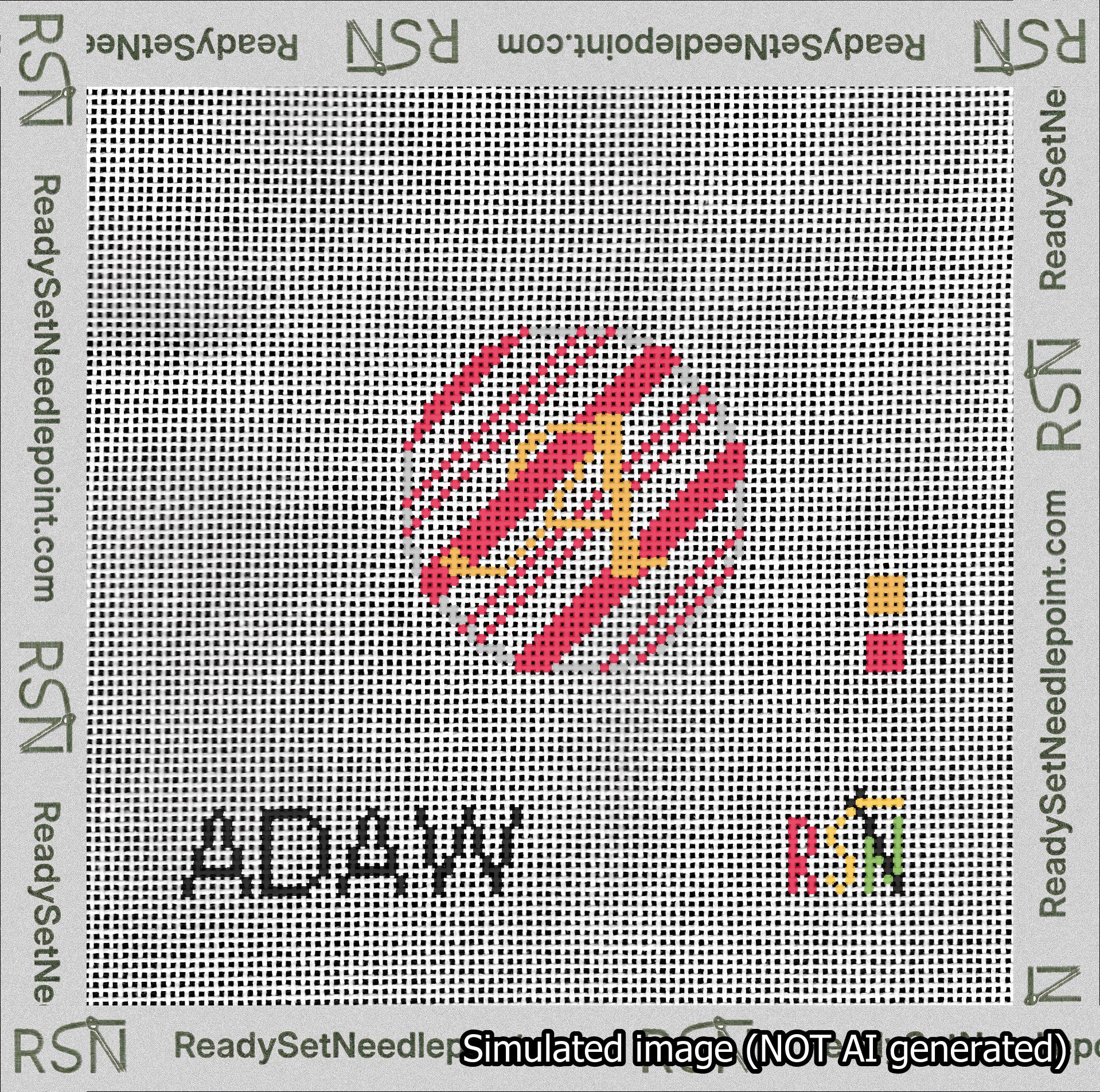 A taped needlepoint canvas with the design: Holiday Circle Initial A Font Gold Script Background Candy Cane Stripe.