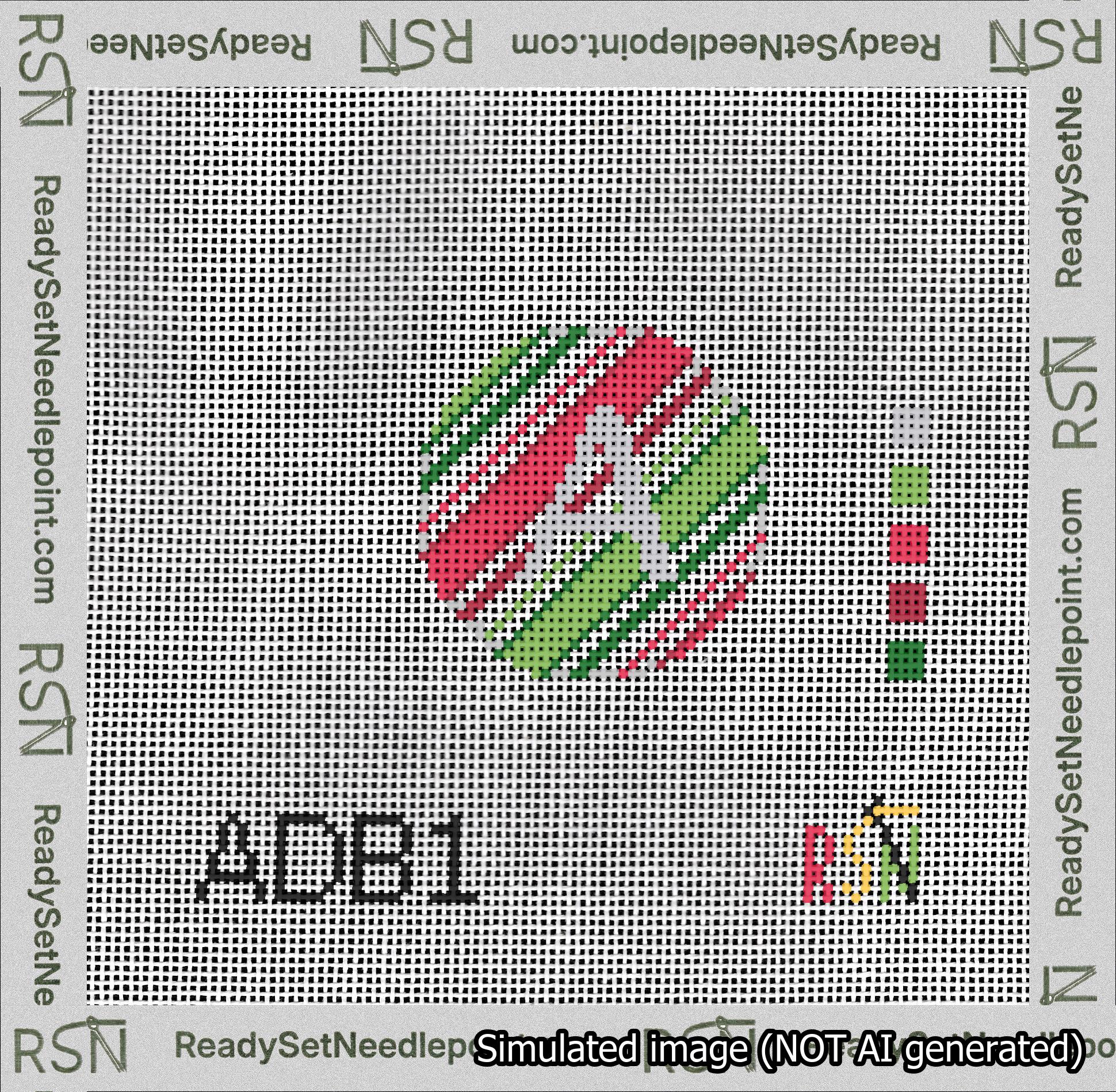 A taped needlepoint canvas with the design: Holiday Circle Initial A Font Silver Sans Serif Background Christmas Stripe.