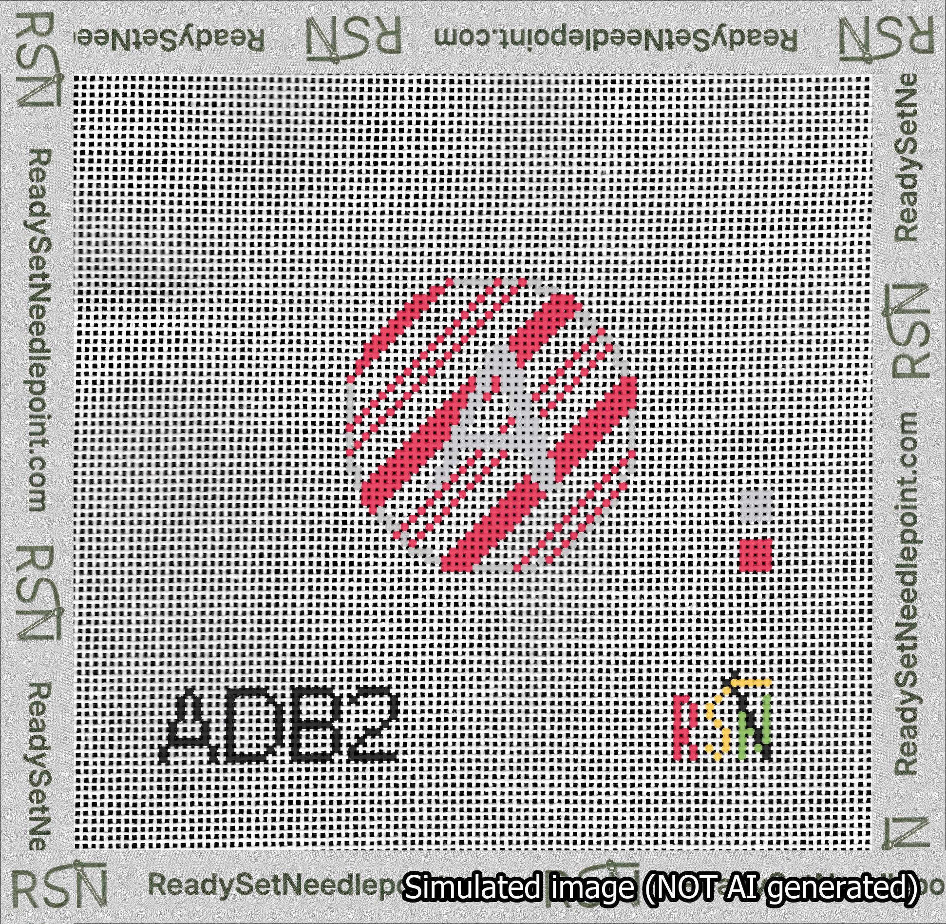 A taped needlepoint canvas with the design: Holiday Circle Initial A Font Silver Sans Serif Background Candy Cane Stripe.