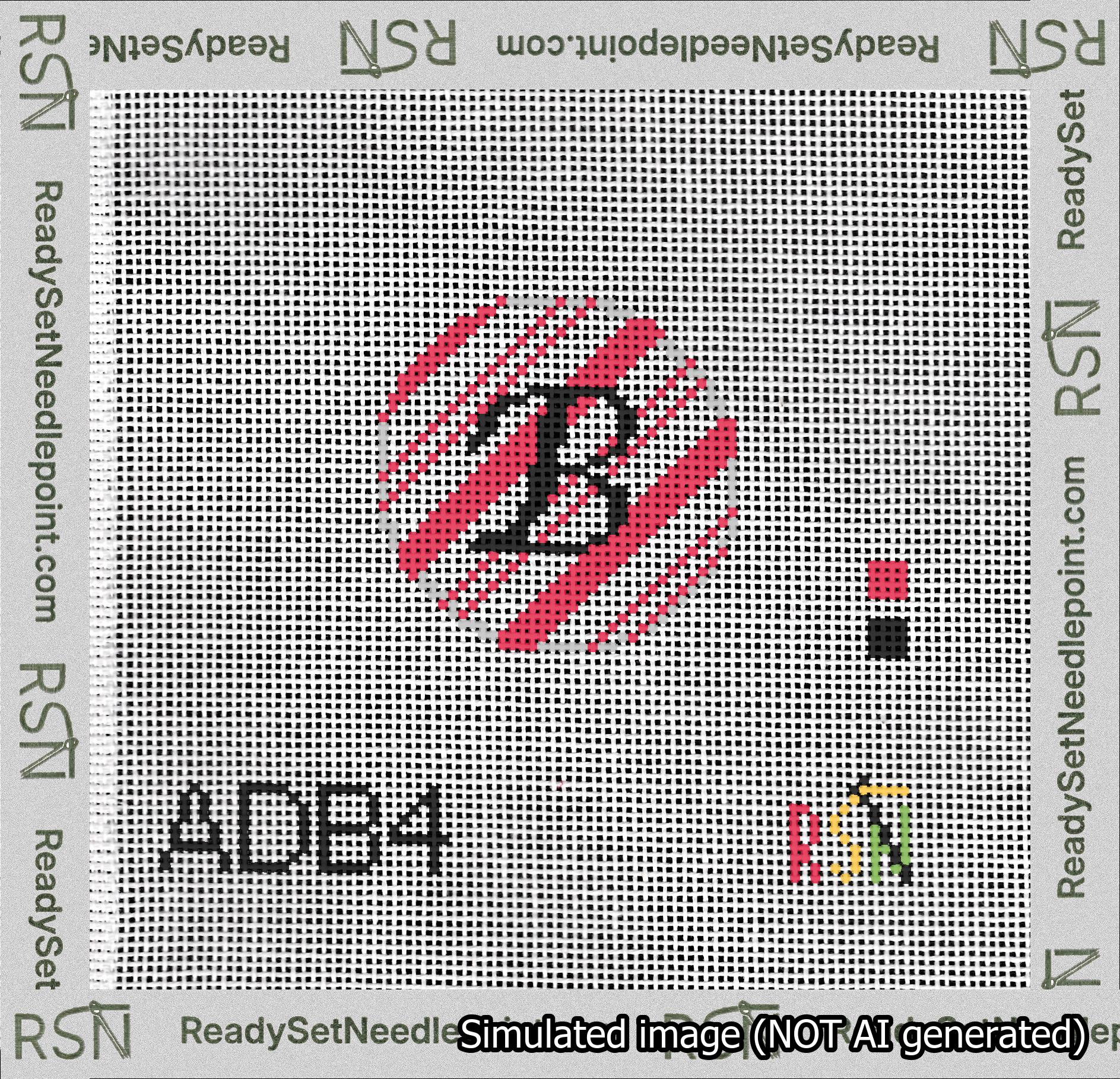 A taped needlepoint canvas with the design: Holiday Circle Initial B Font Black Script Background Candy Cane Stripe.