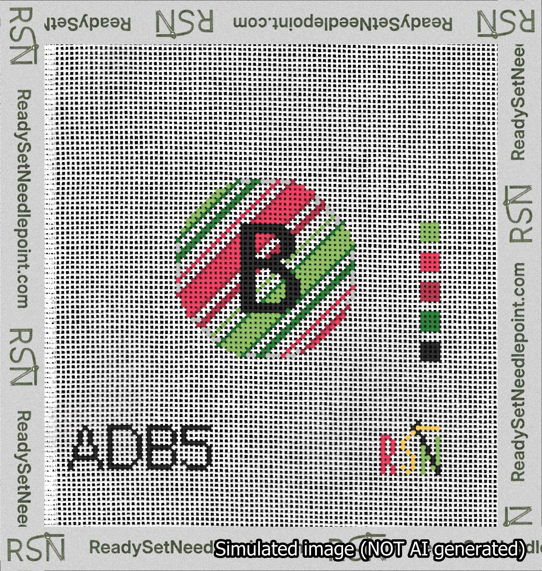 A taped needlepoint canvas with the design: Holiday Circle Initial B Font Black Sans Serif Background Christmas Stripe.