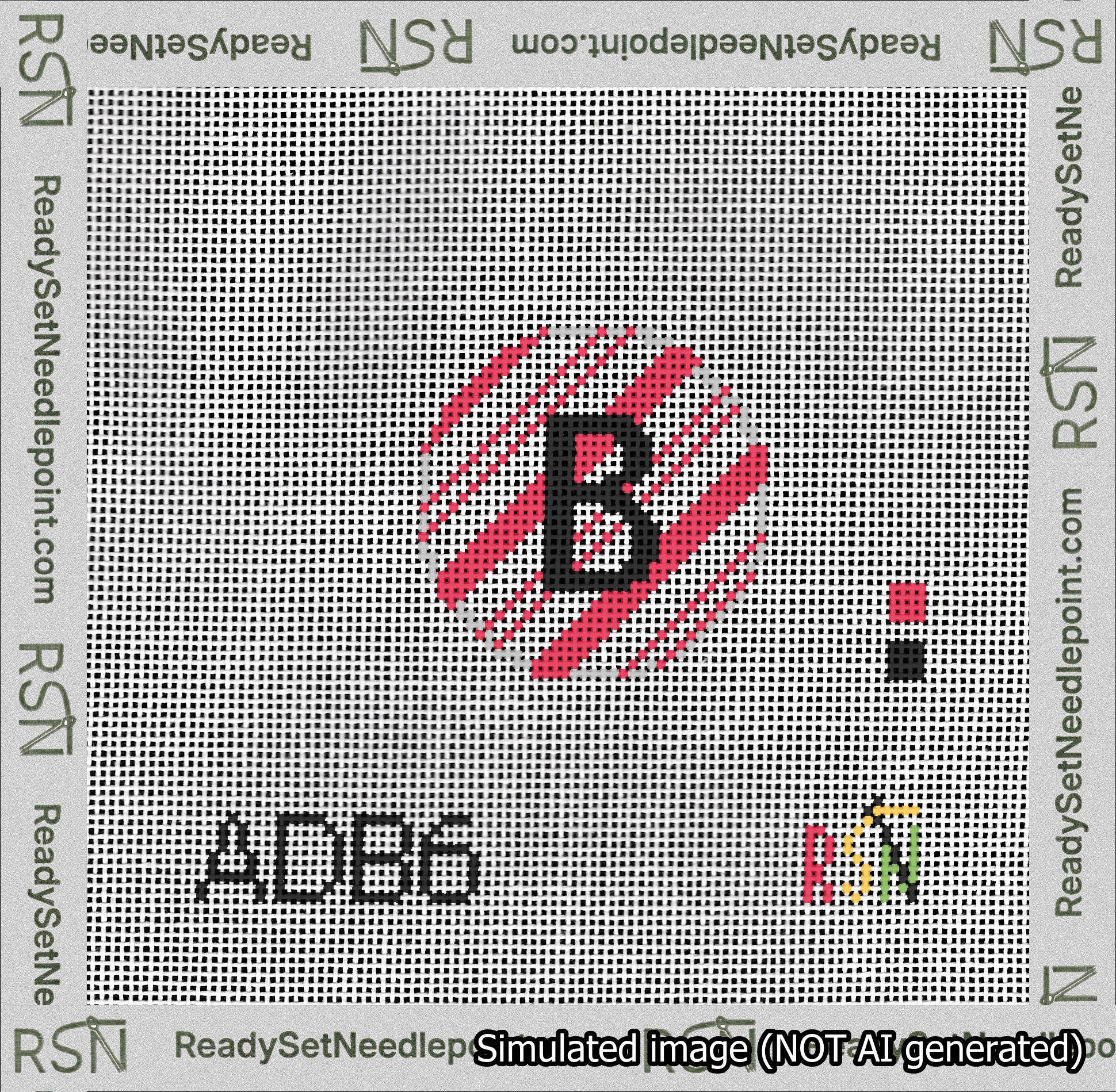 A taped needlepoint canvas with the design: Holiday Circle Initial B Font Black Sans Serif Background Candy Cane Stripe.