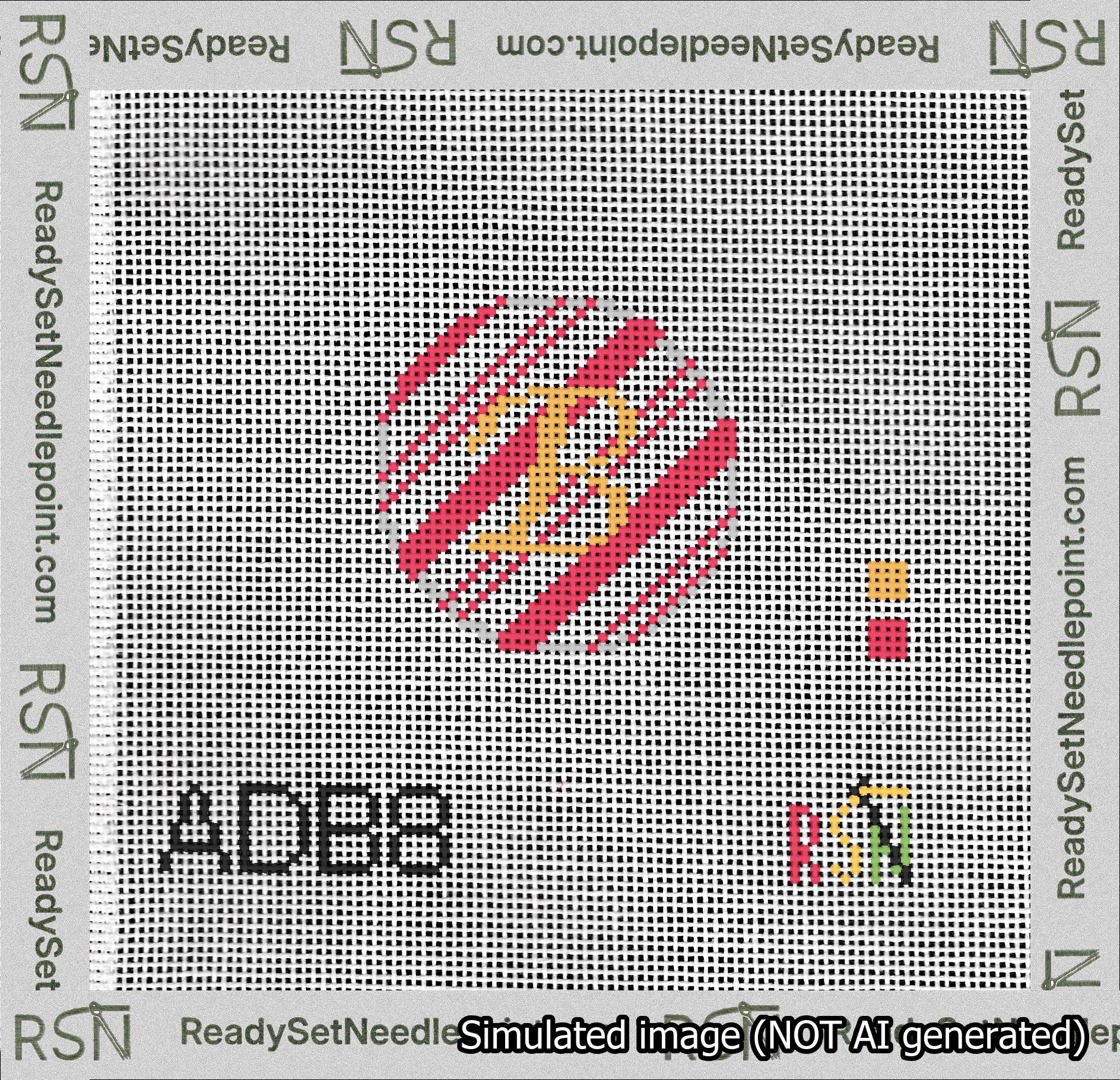A taped needlepoint canvas with the design: Holiday Circle Initial B Font Gold Script Background Candy Cane Stripe.
