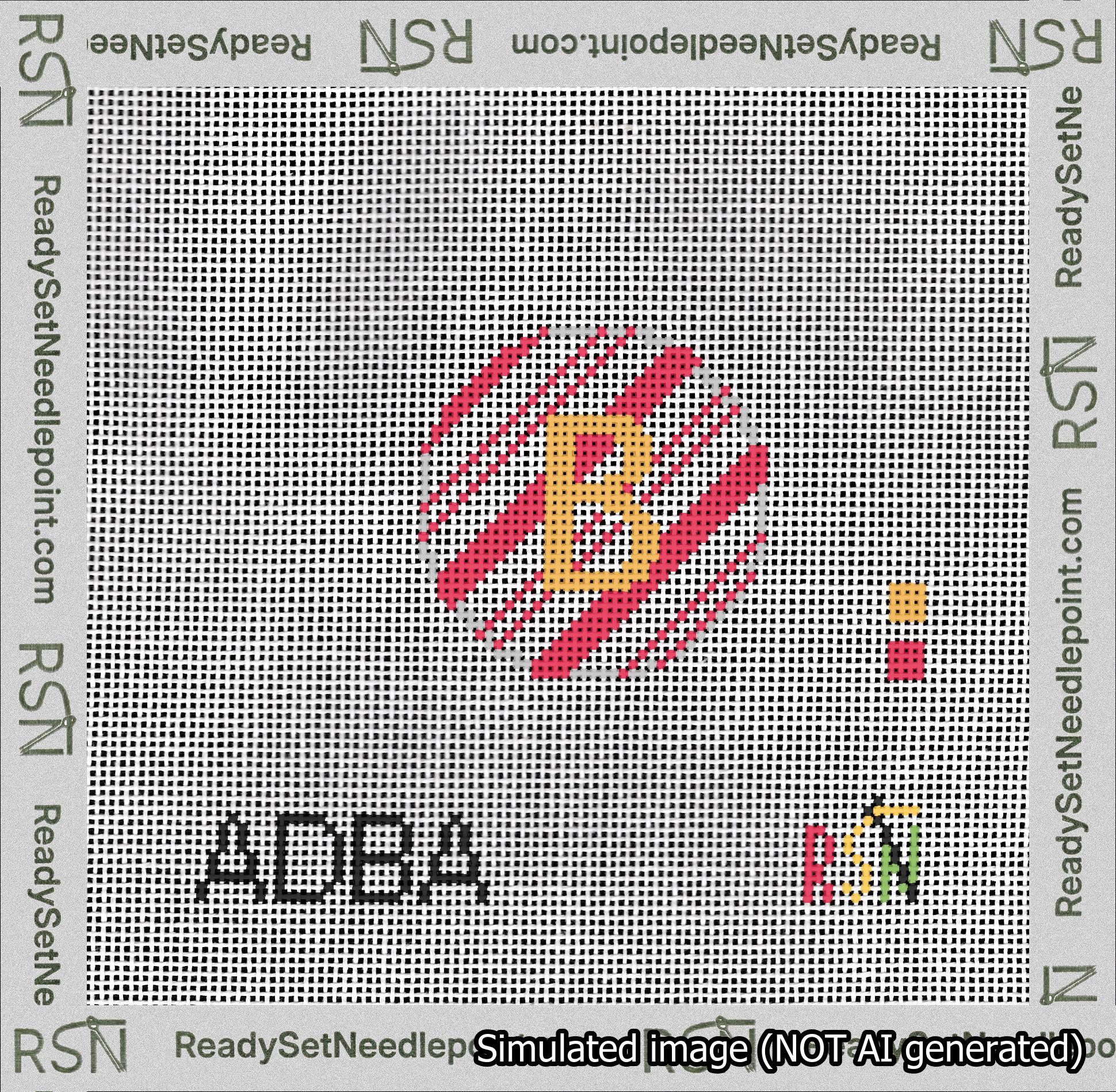 A taped needlepoint canvas with the design: Holiday Circle Initial B Font Gold Sans Serif Background Candy Cane Stripe.