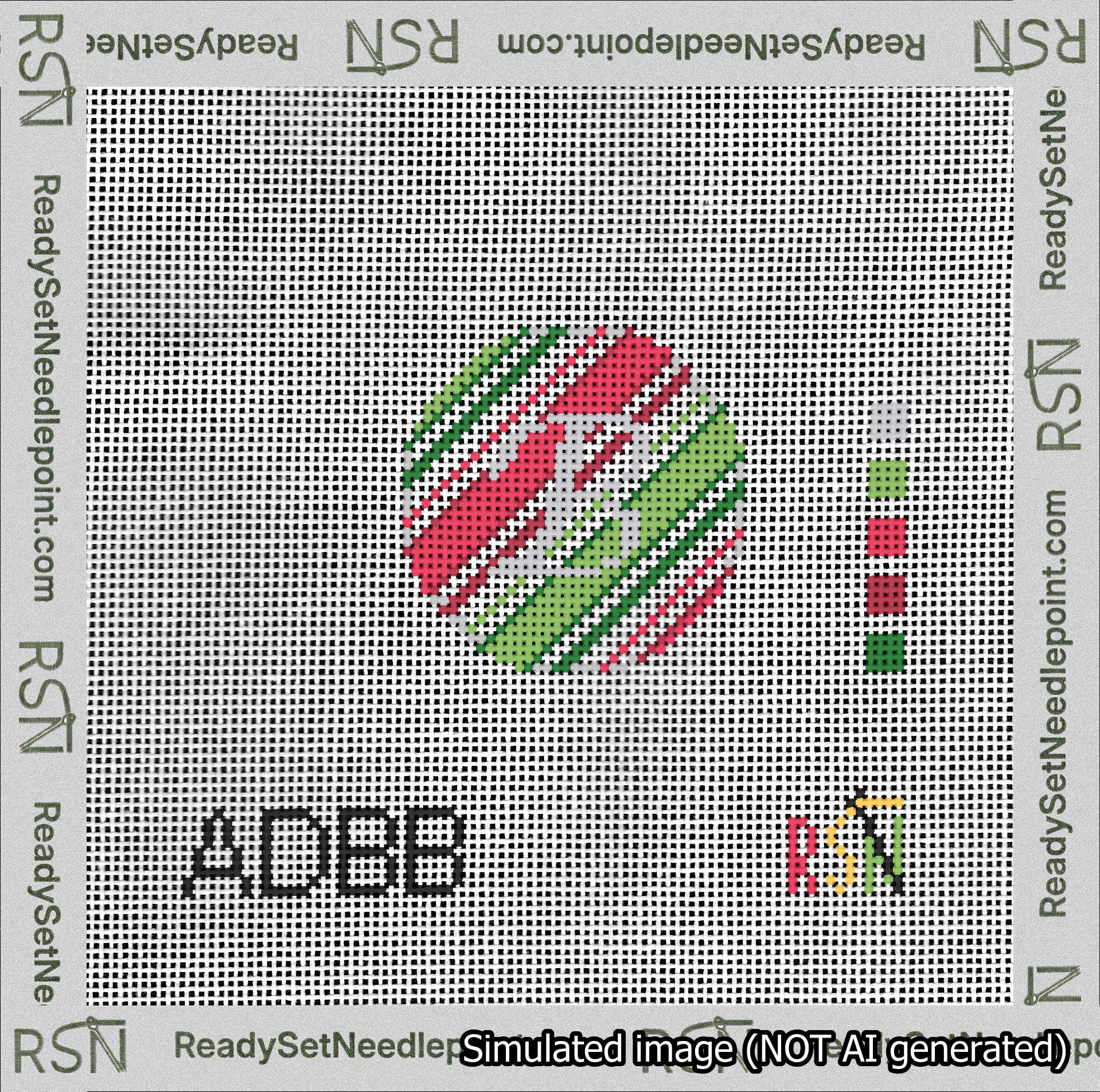 A taped needlepoint canvas with the design: Holiday Circle Initial B Font Silver Script Background Christmas Stripe.