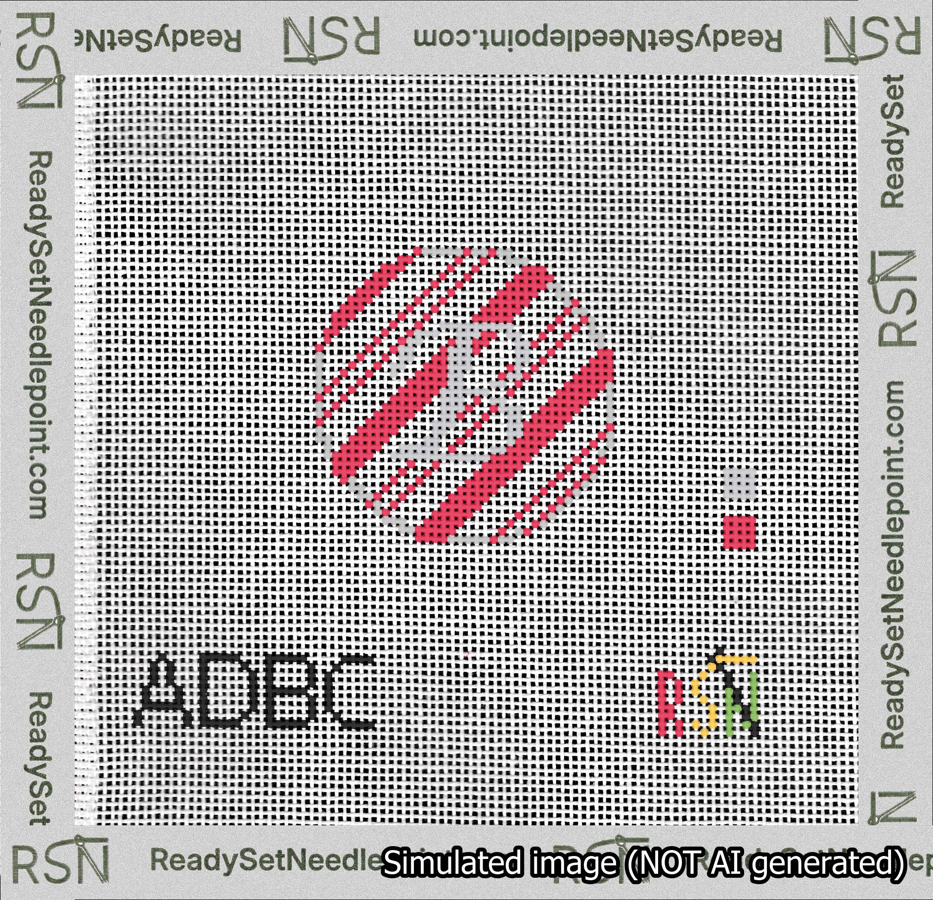 A taped needlepoint canvas with the design: Holiday Circle Initial B Font Silver Script Background Candy Cane Stripe.