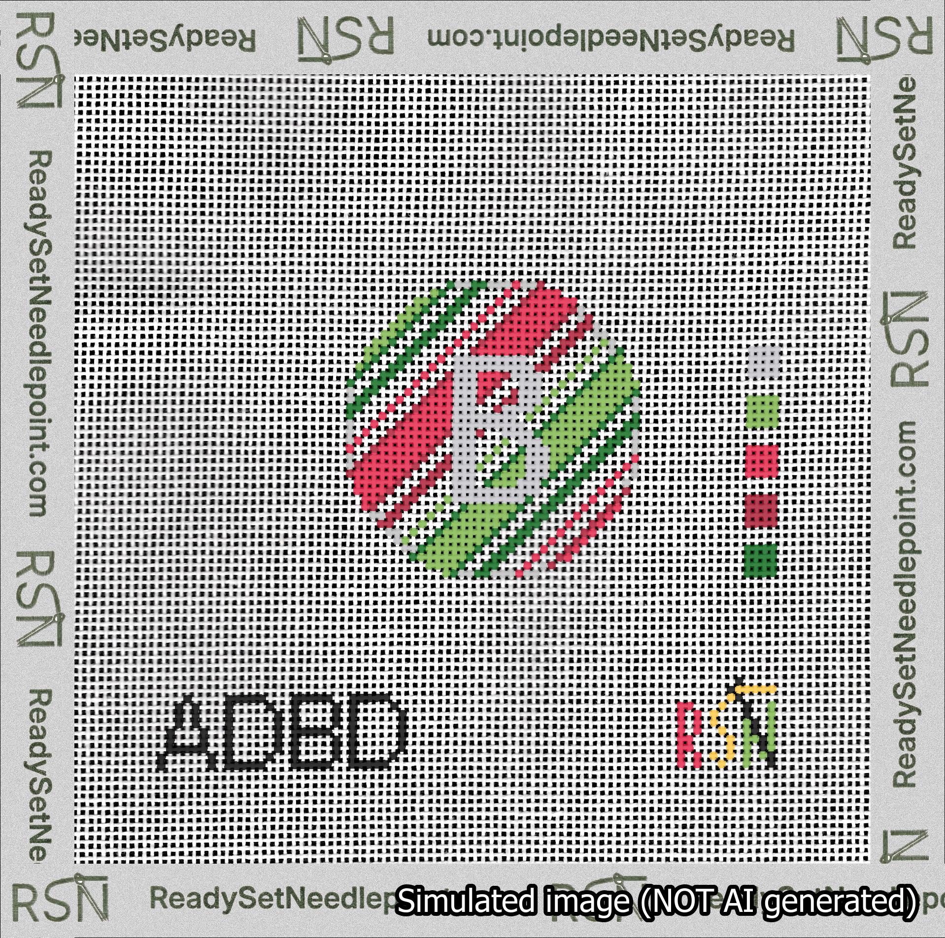A taped needlepoint canvas with the design: Holiday Circle Initial B Font Silver Sans Serif Background Christmas Stripe.