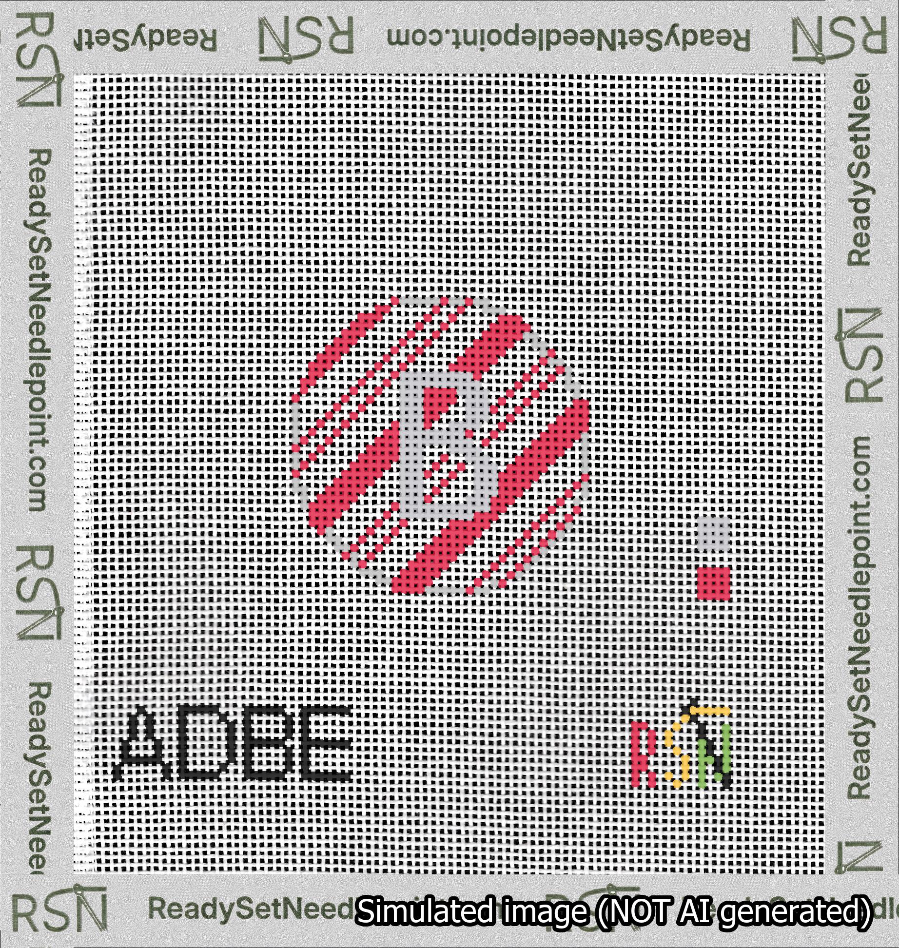 A taped needlepoint canvas with the design: Holiday Circle Initial B Font Silver Sans Serif Background Candy Cane Stripe.