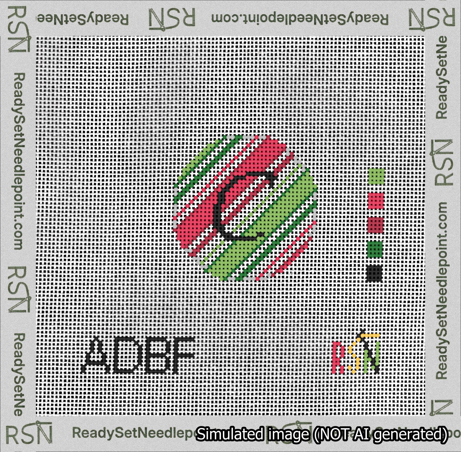 A taped needlepoint canvas with the design: Holiday Circle Initial C Font Black Script Background Christmas Stripe.