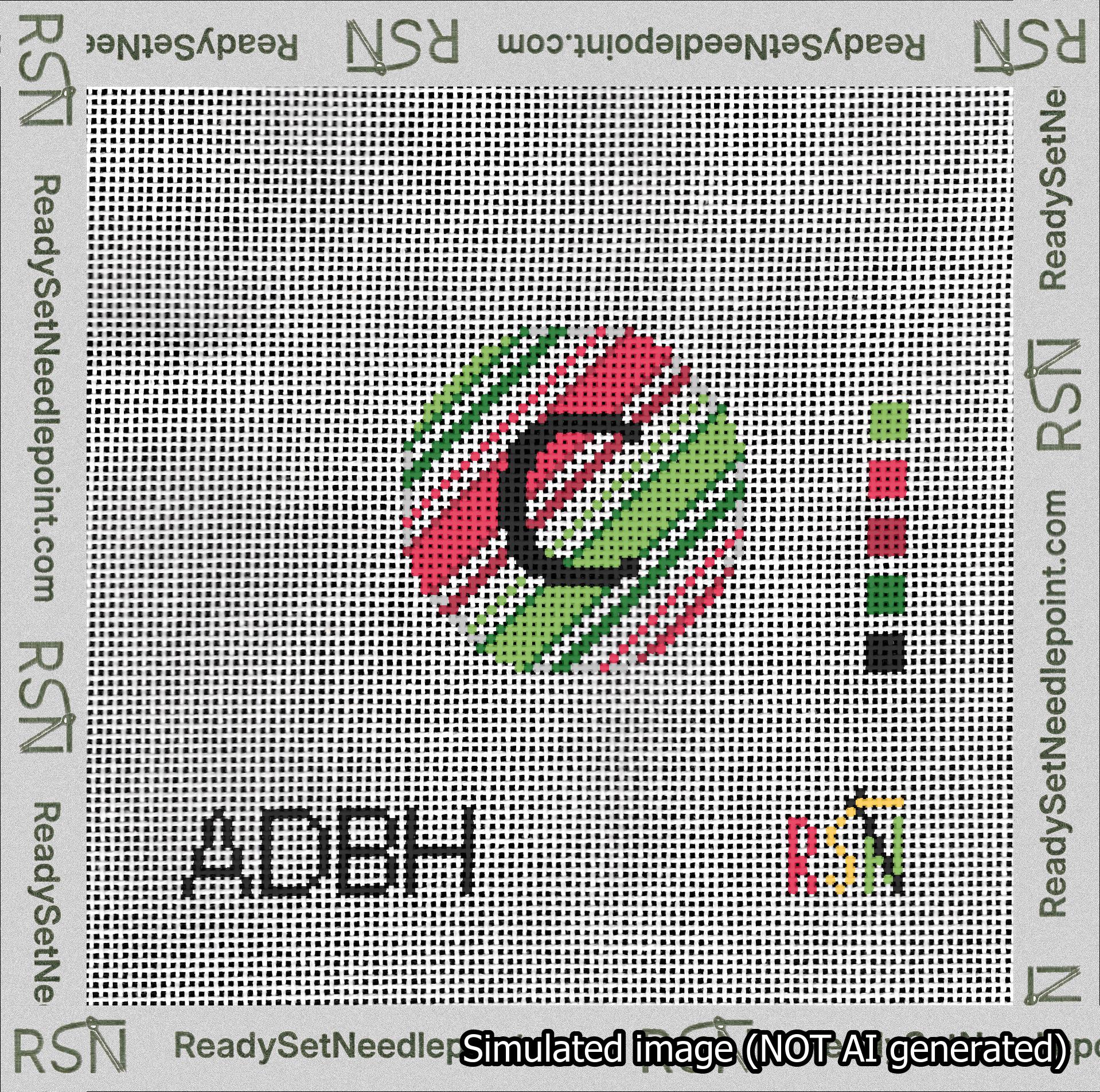 A taped needlepoint canvas with the design: Holiday Circle Initial C Font Black Sans Serif Background Christmas Stripe.