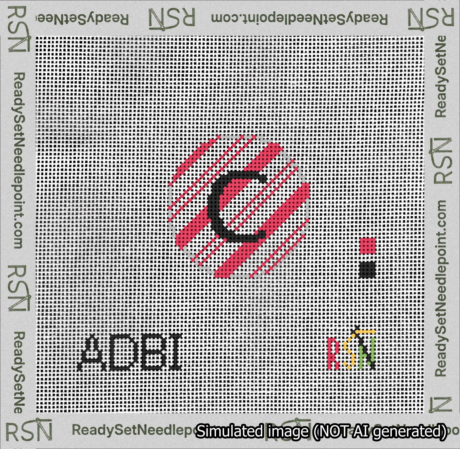 A taped needlepoint canvas with the design: Holiday Circle Initial C Font Black Sans Serif Background Candy Cane Stripe.