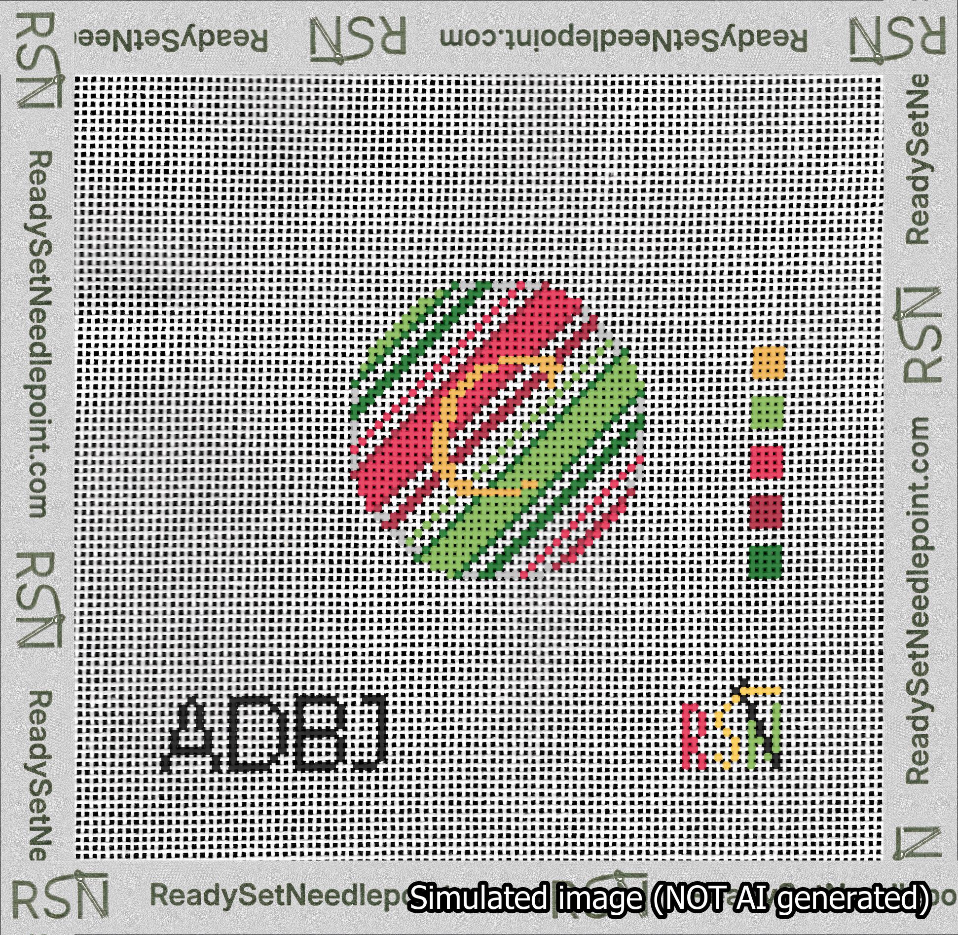 A taped needlepoint canvas with the design: Holiday Circle Initial C Font Gold Script Background Christmas Stripe.