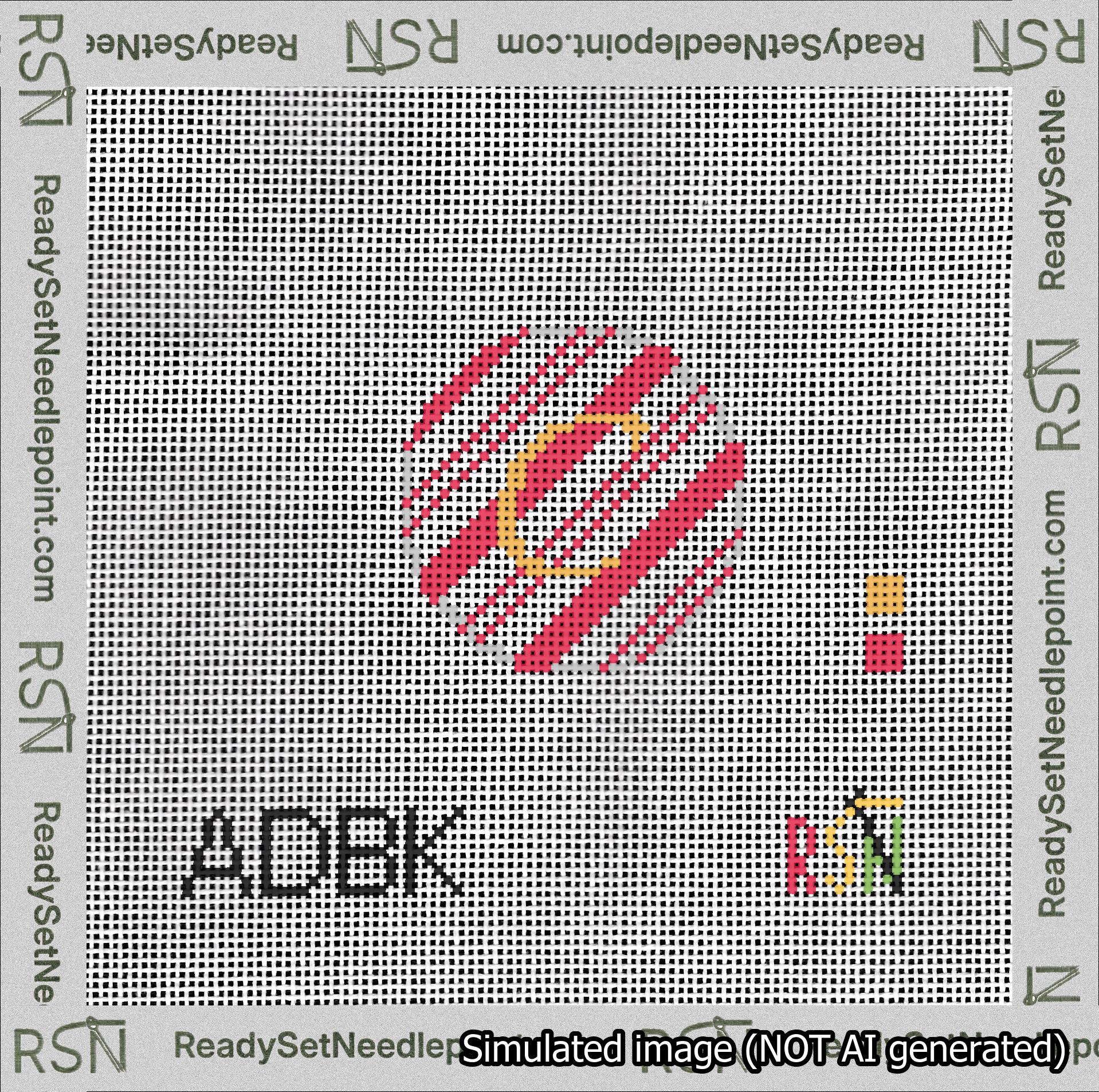 A taped needlepoint canvas with the design: Holiday Circle Initial C Font Gold Script Background Candy Cane Stripe.